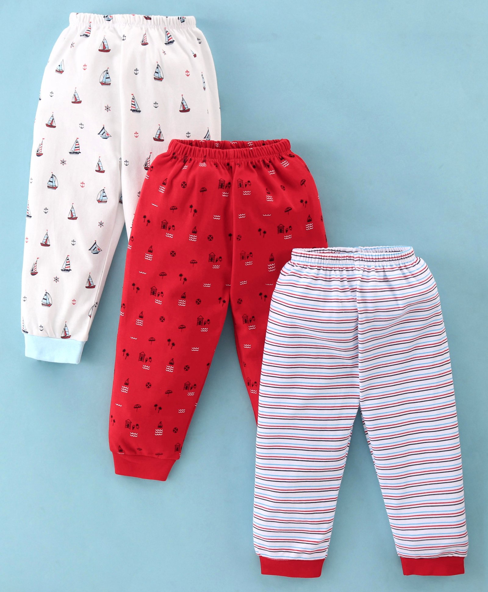 Mini Donuts 100% Cotton Knit Full Length Lounge Pants With Stripes & Sailboats Print Pack Of 3 - Multicolor-image-24