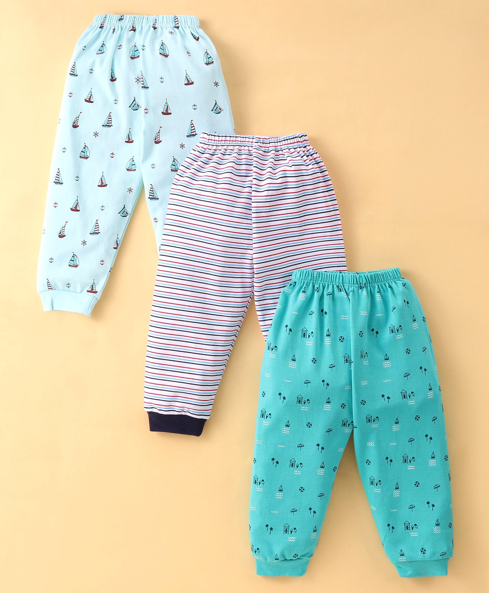 Mini Donuts 100% Cotton Knit Full Length Lounge Pants With Stripes & Sailboats Print Pack Of 3 - Multicolor-image-23