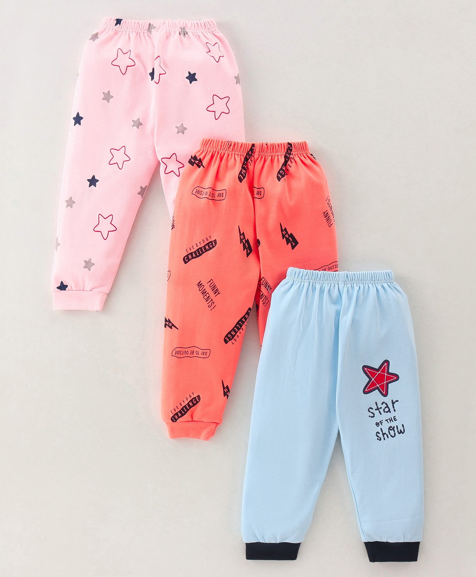 Mini Donuts 100% Cotton Interlock Knit Full Length Lounge Pants with Space Theme & Text Print Pack of 3 - Multicolour-picture-20