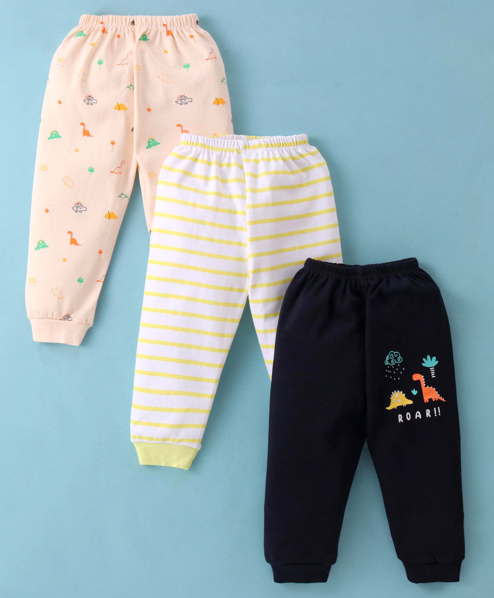 Mini Donuts 100% Cotton Knit Full Length Lounge Pants With Dinosaurs Print Pack Of 3 - Multicolor