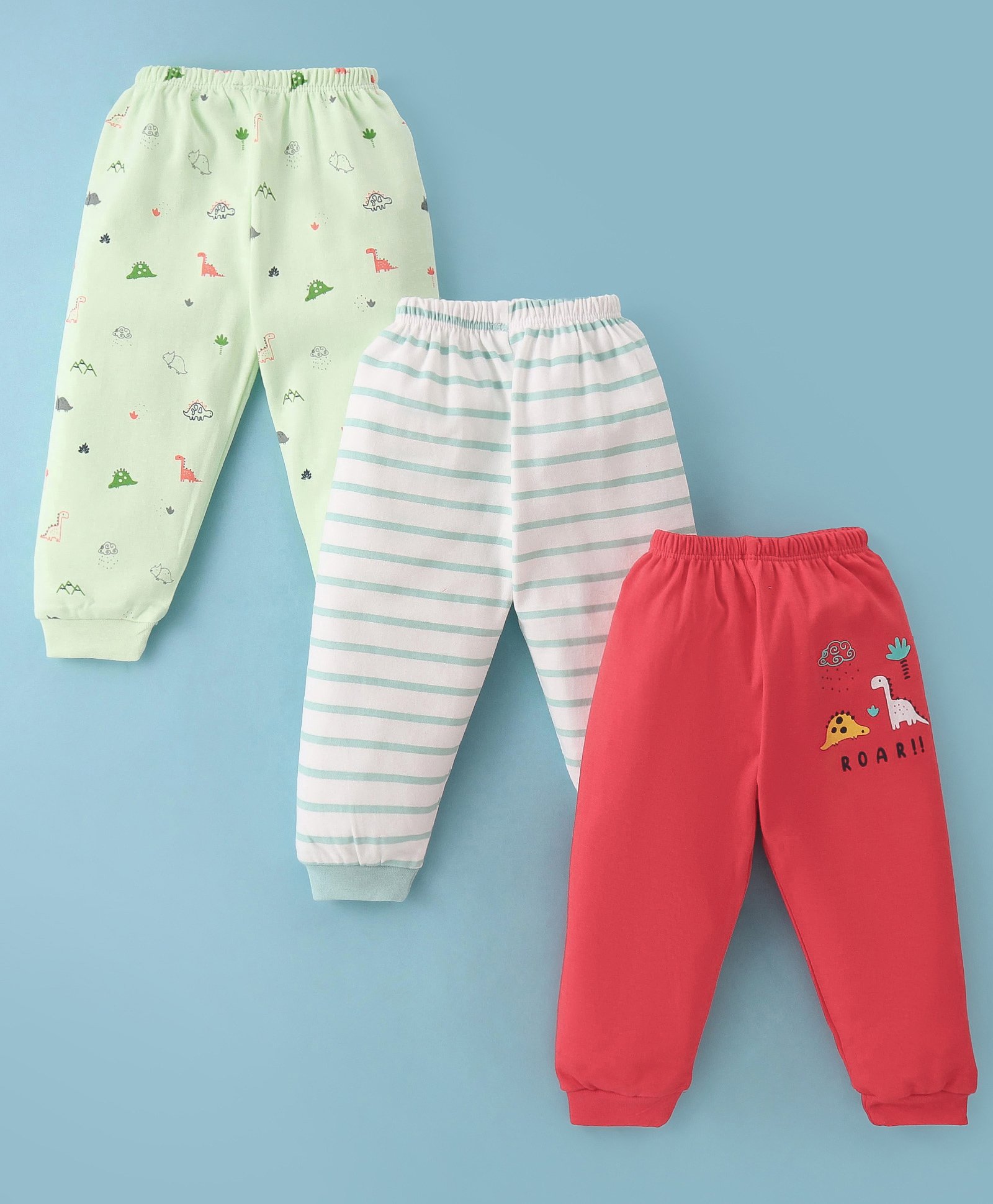 Mini Donuts 100% Cotton Interlock Knit Full Length Striped Lounge Pants Dino Print Pack of 3 - Multicolour-picture-11