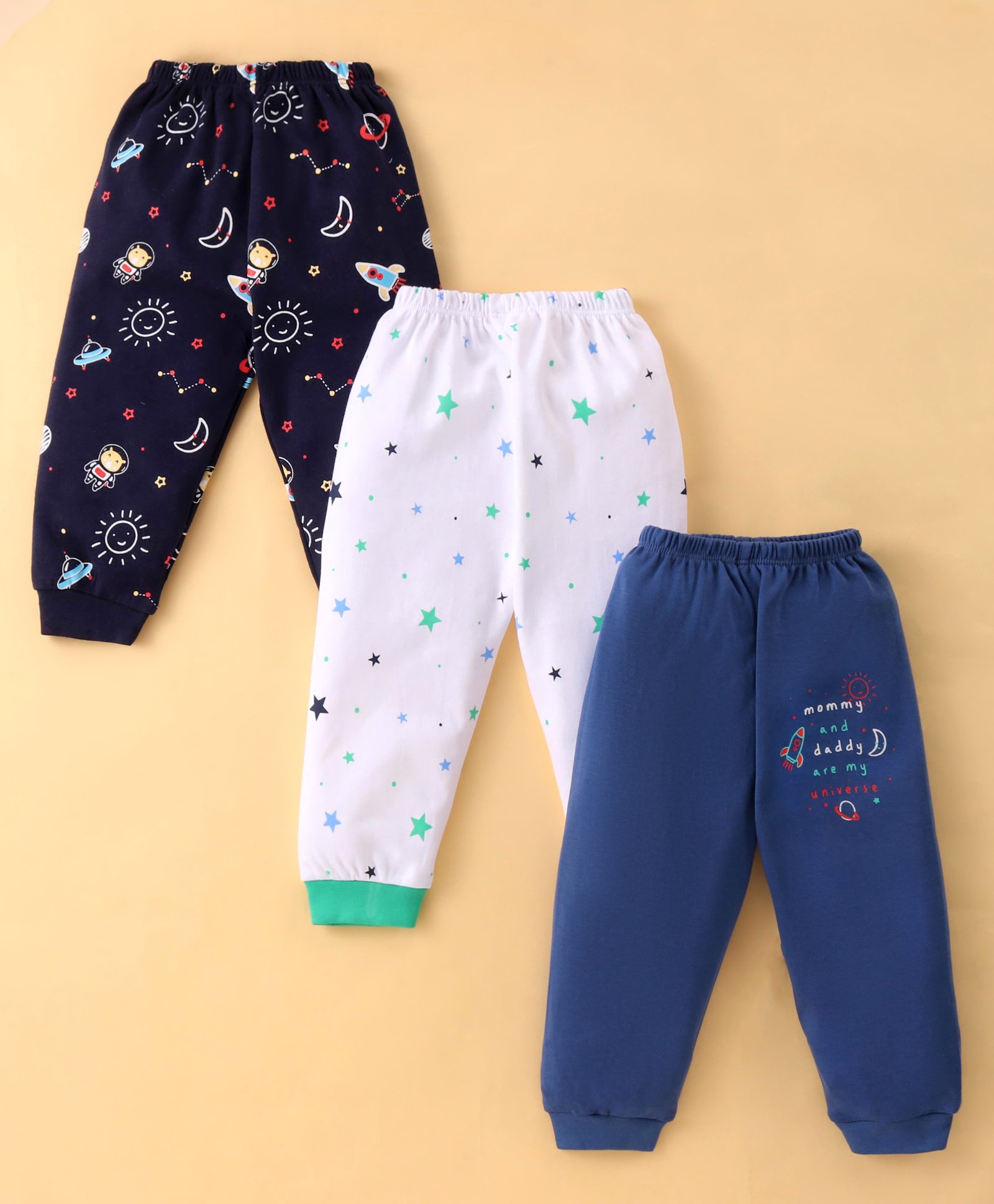 Mini Donuts 100% Cotton Knit Full Length Lounge Pants With Space Theme Print Pack Of 3 - White Navy & Blue-picture-20