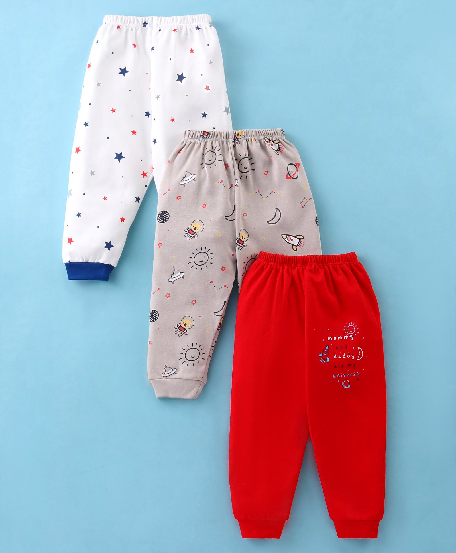 Mini Donuts 100% Cotton Interlock Knit Full Length Lounge Pants Space Theme Print Pack of 3 - Multicolour-picture-25