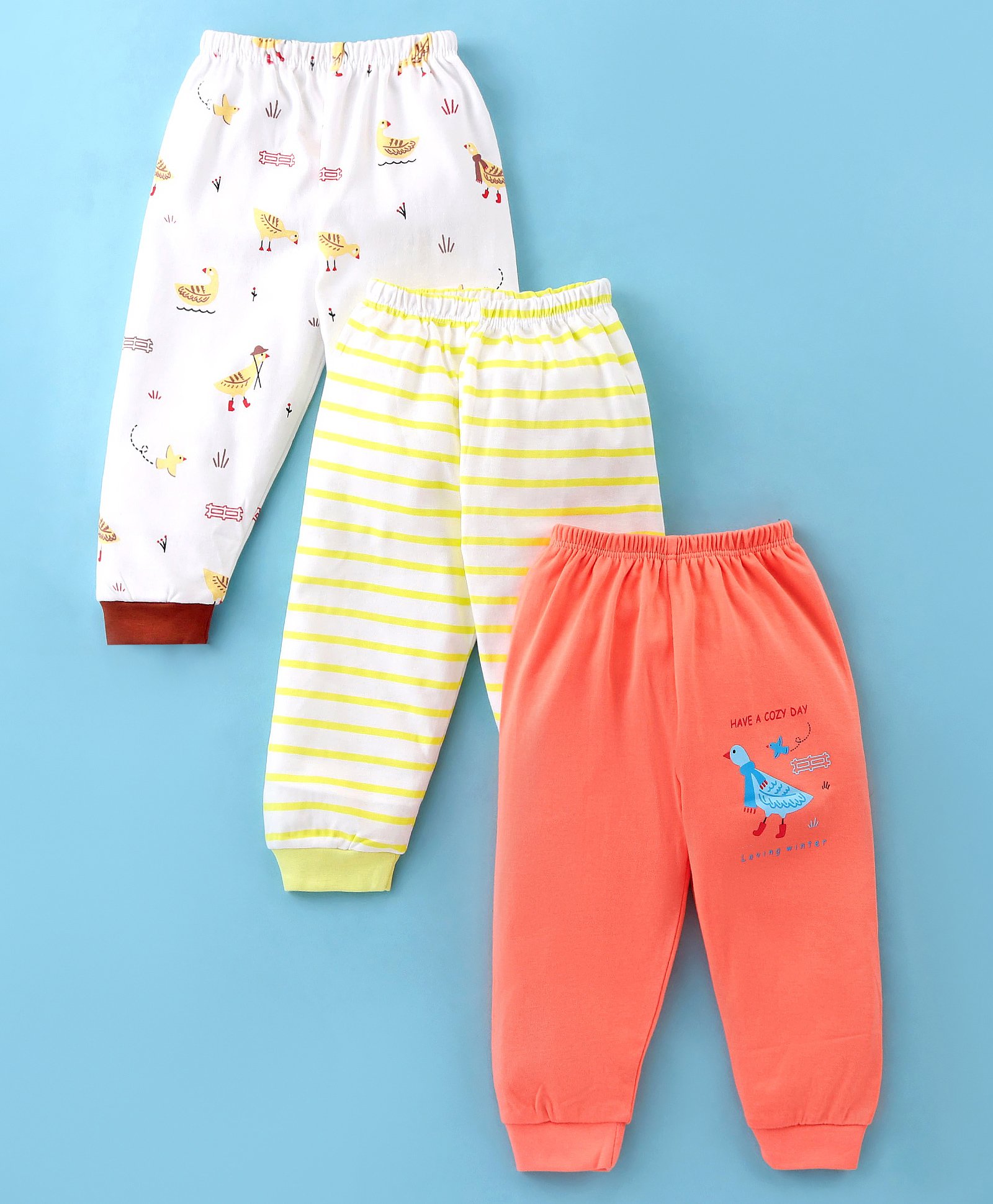 Mini Donuts 100% Cotton Interlock Knit Full Length Striped Lounge Pants with Duck Print Pack of 3 - White Green & Orange-image-29