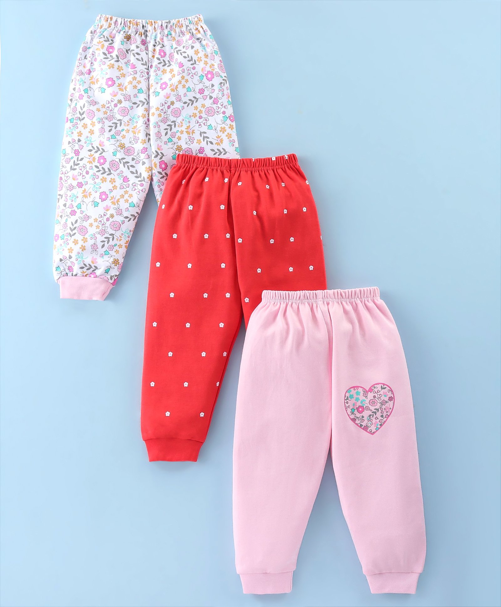 Mini Donuts  100% Cotton Interlock Knit Full Length Lounge Pants with Floral & Heart Print Pack of 3 - Multicolour-picture-28