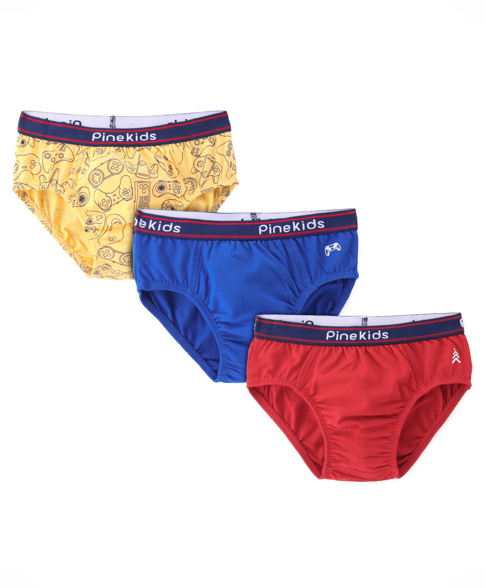 Pine Kids Cotton Knit Solid Colour & Printed Briefs Pack of 3 - Yellow Blue & Red-image-39