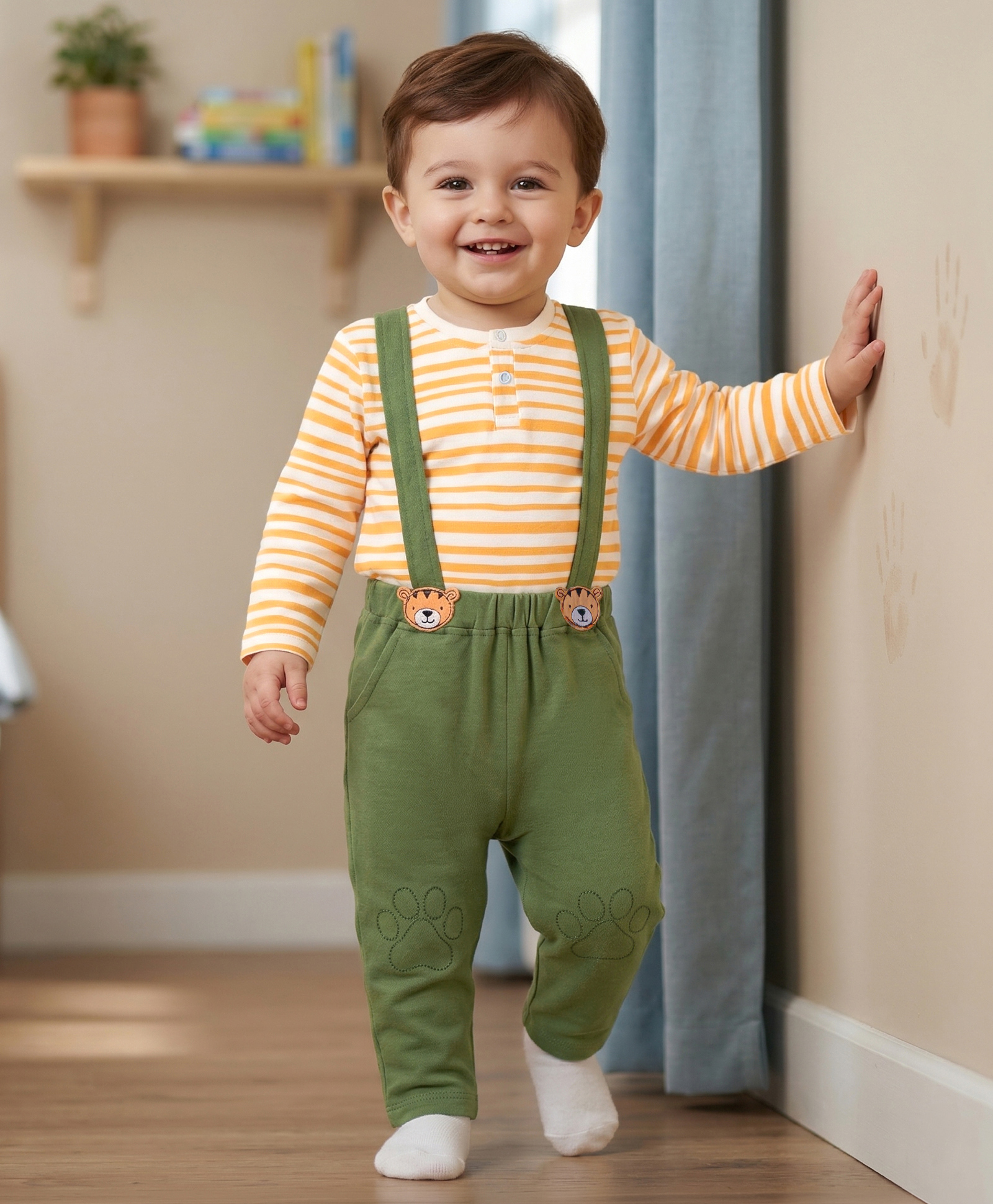 Babyoye 100% Cotton Knit Eco Jiva Finish Full Sleeves Striped T-Shirt With Lounge Pants & Suspender - Multicolor-image-26