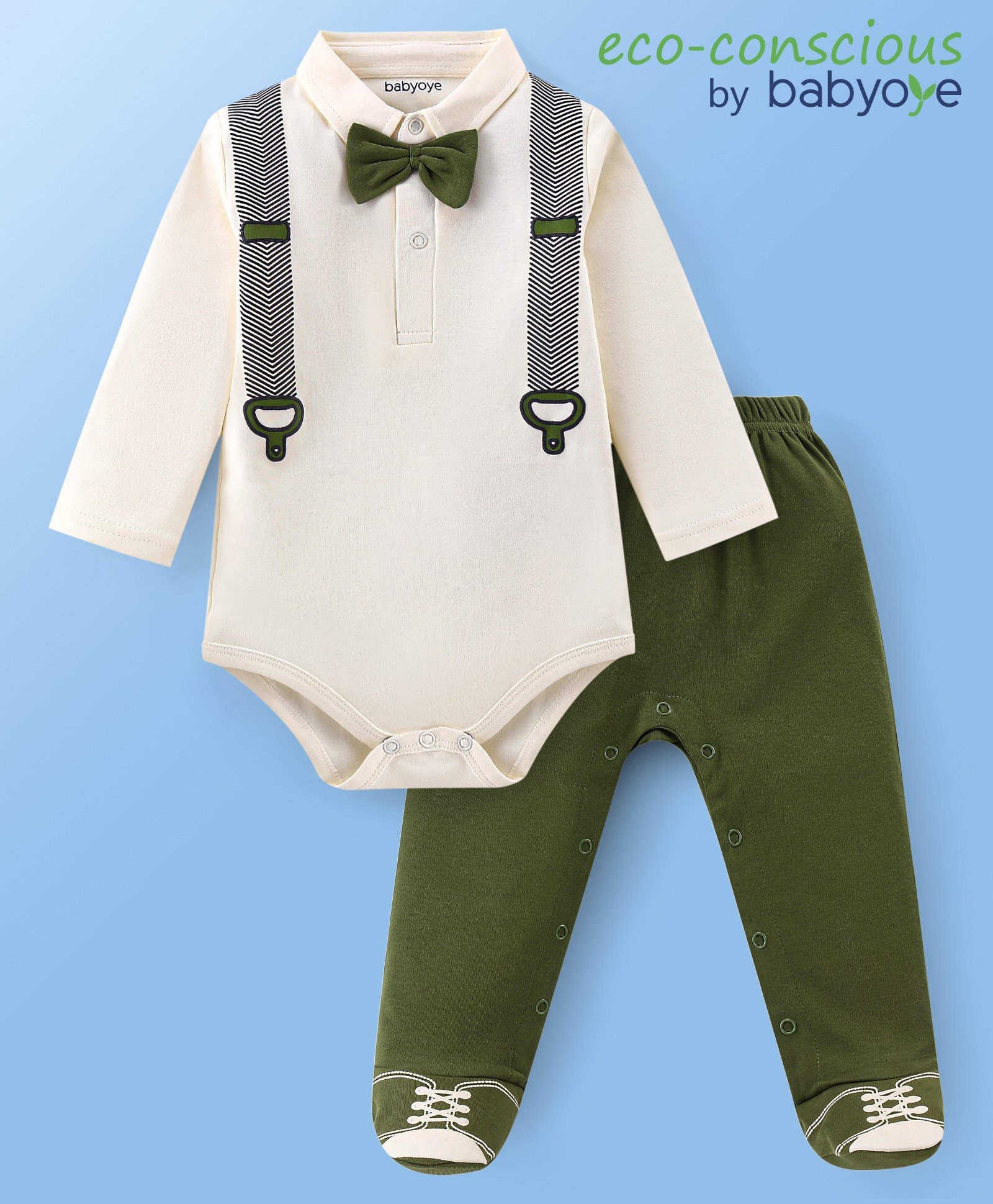 Babyoye 100% Cotton With Eco Jiva Finish Full Sleeves Collared Onesie With Footed Leggings & Bow Applique - Cream & Green-picture-21