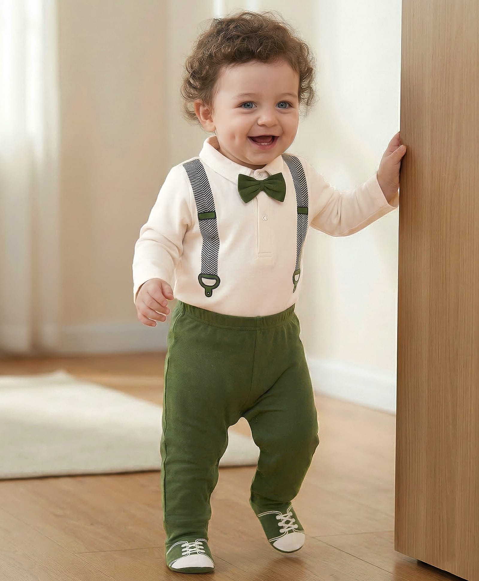 Babyoye 100% Cotton With Eco Jiva Finish Full Sleeves Collared Onesie With Footed Leggings & Bow Applique - Cream & Green-image-47