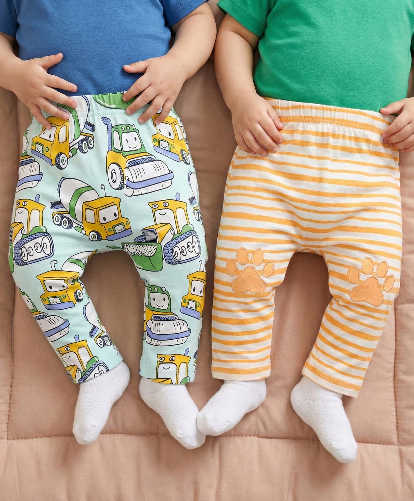 Babyoye 100% Cotton Knit With Eco Jiva Finish Diaper Leggings  with Striped & Truck Print Pack of 2 - Orange & Mint-picture-22