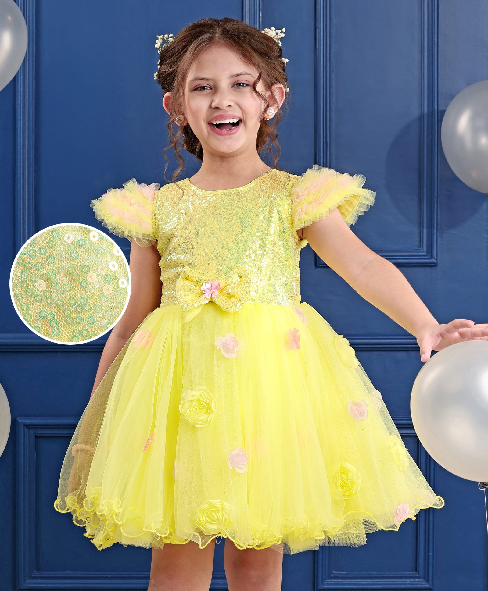 Mark & Mia Half Sleeves Party Frock with Sequin  Bow Detailing & Floral Applique - Yellow-image-32
