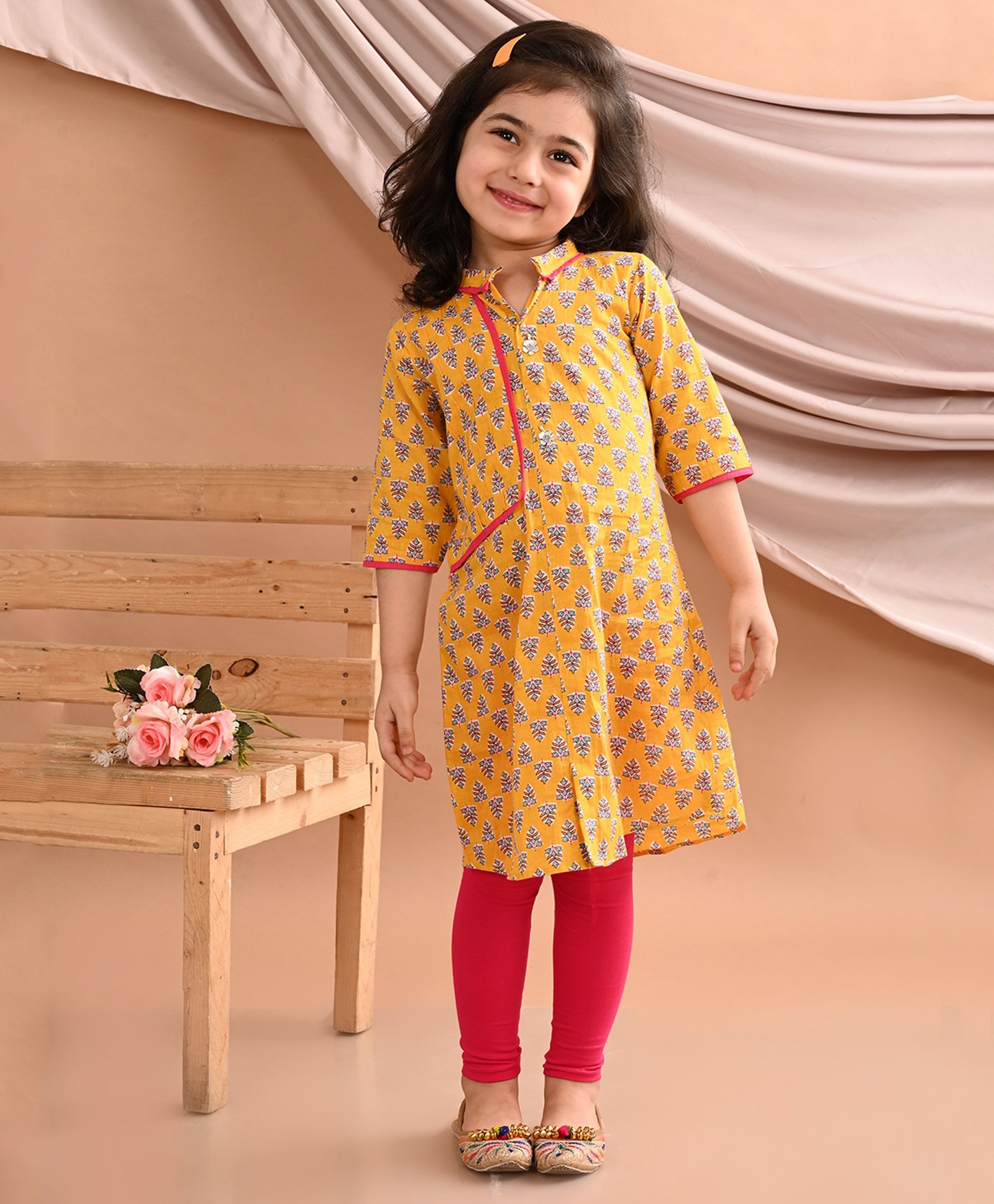 Kinder Kids Three Fourth Sleeves Floral Printed Kurta With Leggings - Yellow & Pink-image-31