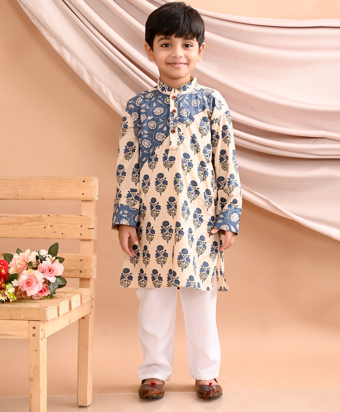Kinder Kids Full Sleeves Floral Printed Kurta With Pajama Set - Blue-image-46