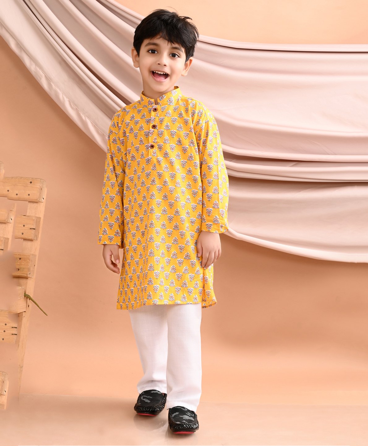 Kinder Kids Full Sleeves Plants Printed Kurta With Pajama Set - Yellow-image-22