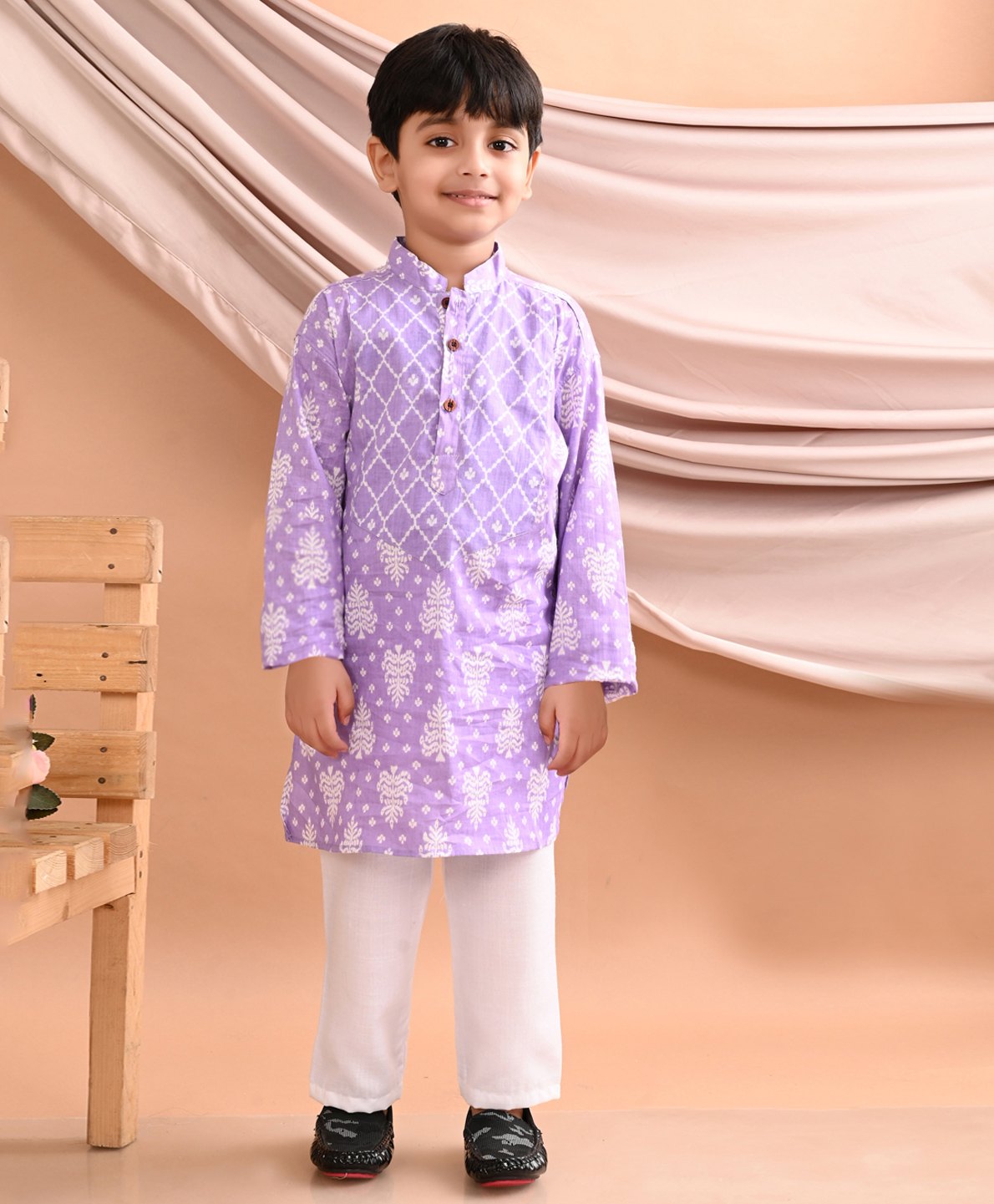 Kinder Kids Full Sleeves Ethnic Motif  Designed Kurta Pyjama - Purple-image-1