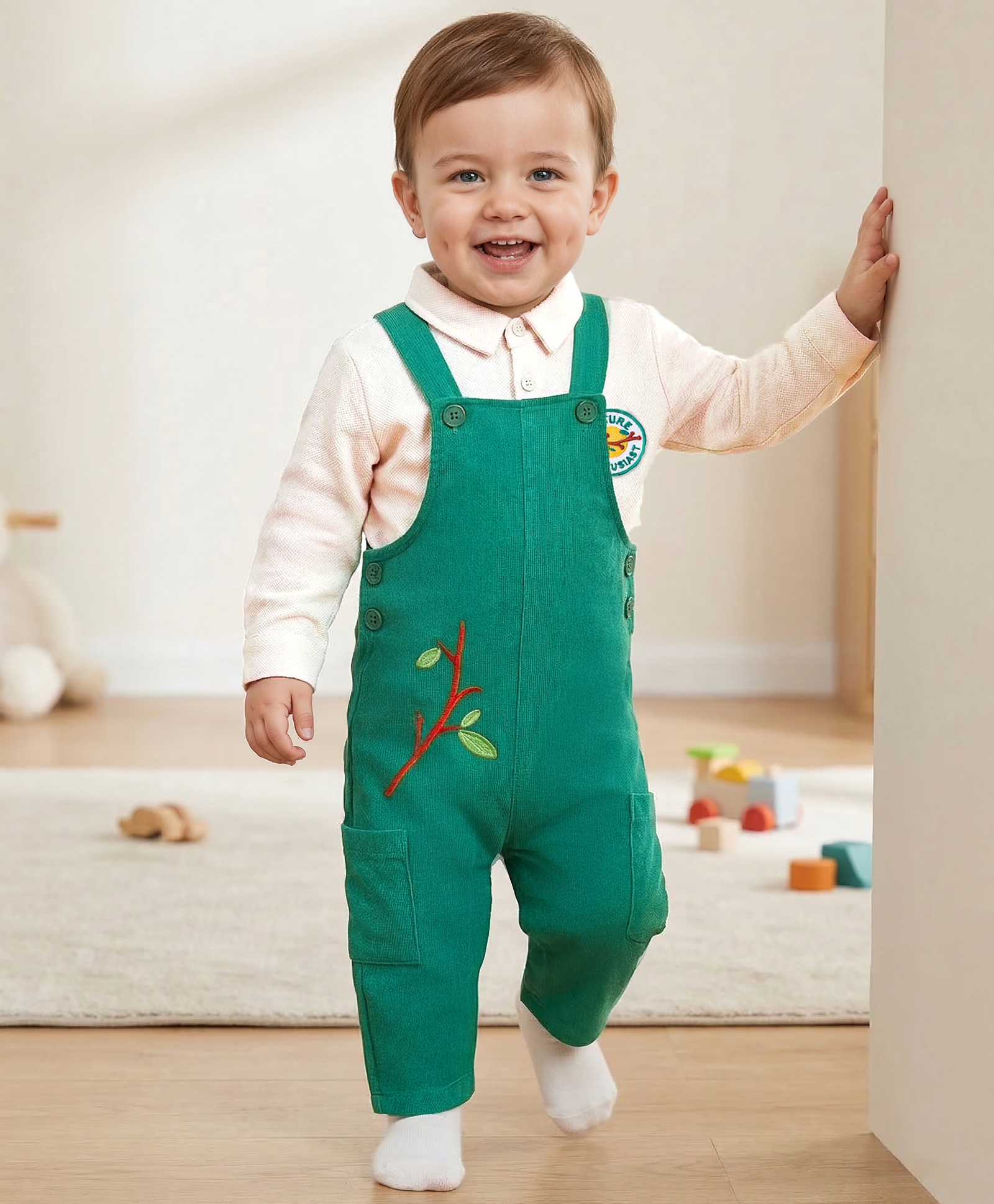 Babyoye 100% Cotton Knit Full Sleeves Solid Dyed Shirt & Dungaree with Leaves Embroidery - Green-picture-21