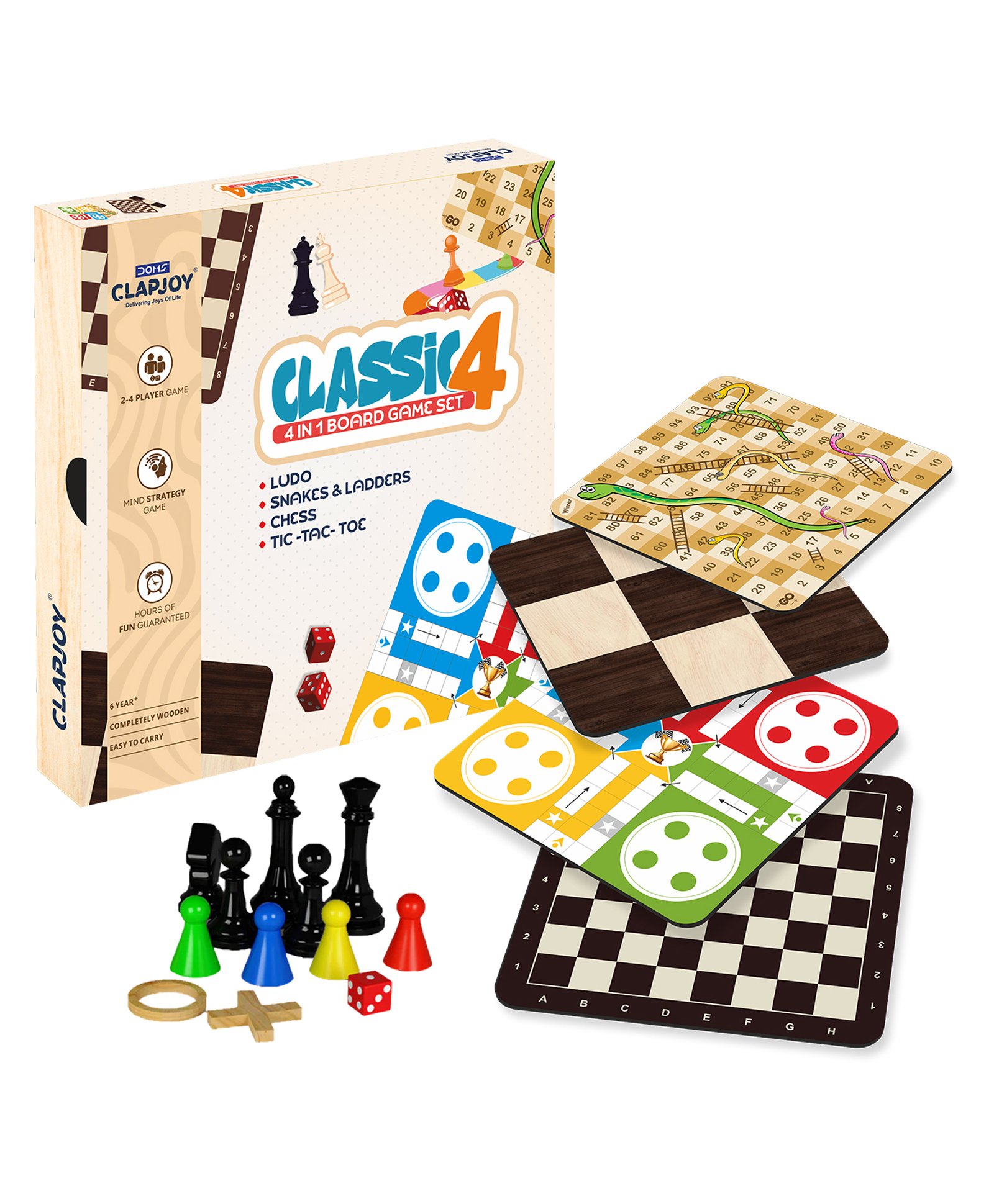 Clapjoy Wooden 4in1 Board Game for Kids & Adults|Ludo & Chess|Snake Ladder & Tic Tac Toe Party & Fun Games Board Game-picture-26