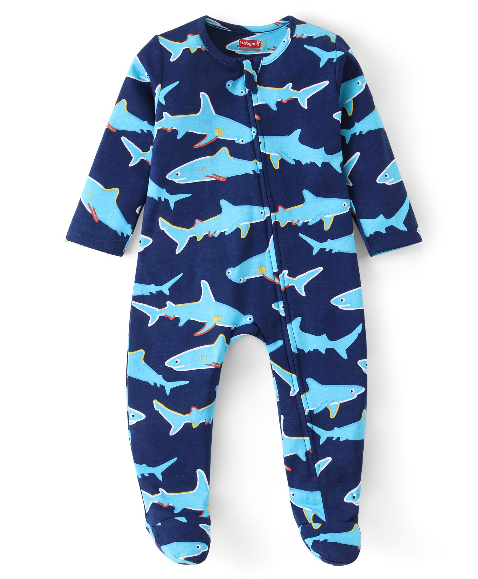 Babyhug Cotton Knit Full Sleeves Footed Sleep Suit With Sharks Print - Navy Blue-image-48