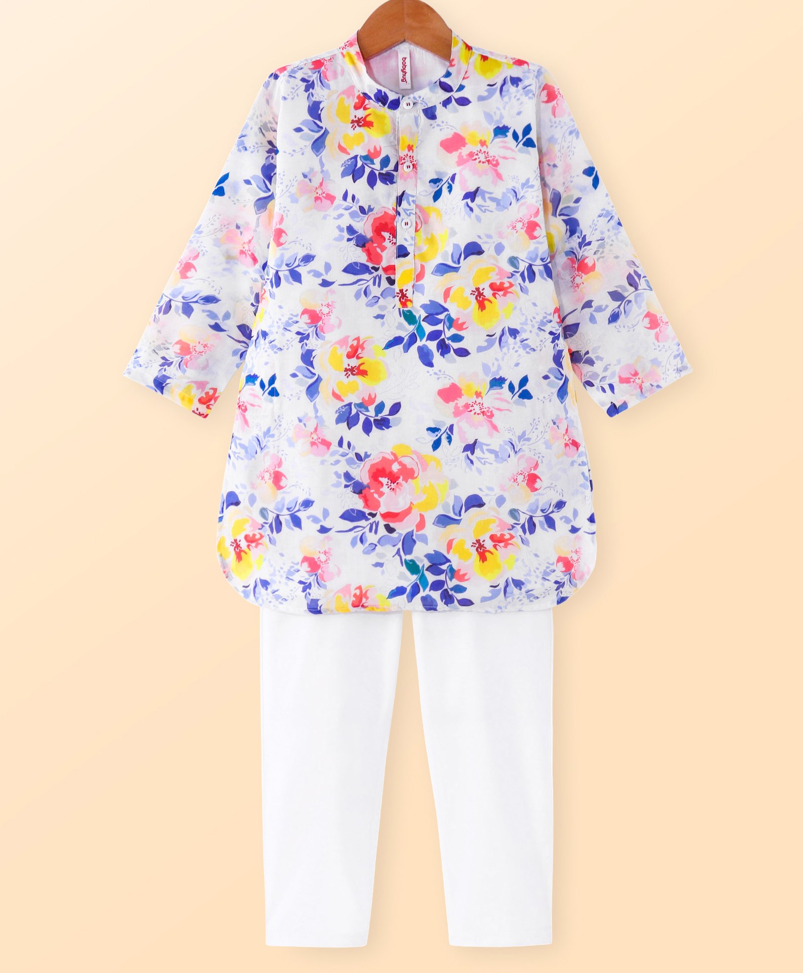 Babyhug Cotton Woven Full Sleeves Kurta Pyjama Set Floral Print - White-image-21