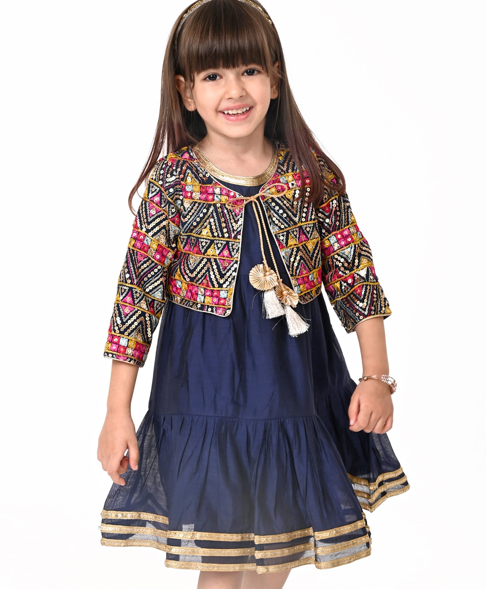 Babyhug Woven Solid Dress With Three Fourth Sleeves Embroidered Jacket & Tassle Detailing - Navy Blue-image-32