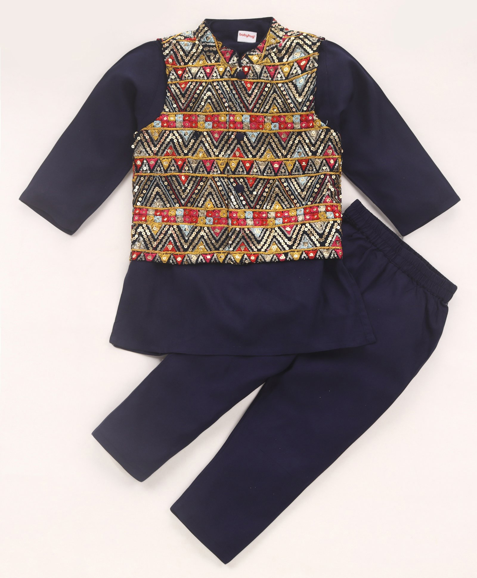 Babyhug  Woven Full Sleeves Kurta Pyjama Set & Nehru Jacket with Sequin Embroidery Detailing - Navy Blue & Red-image-37