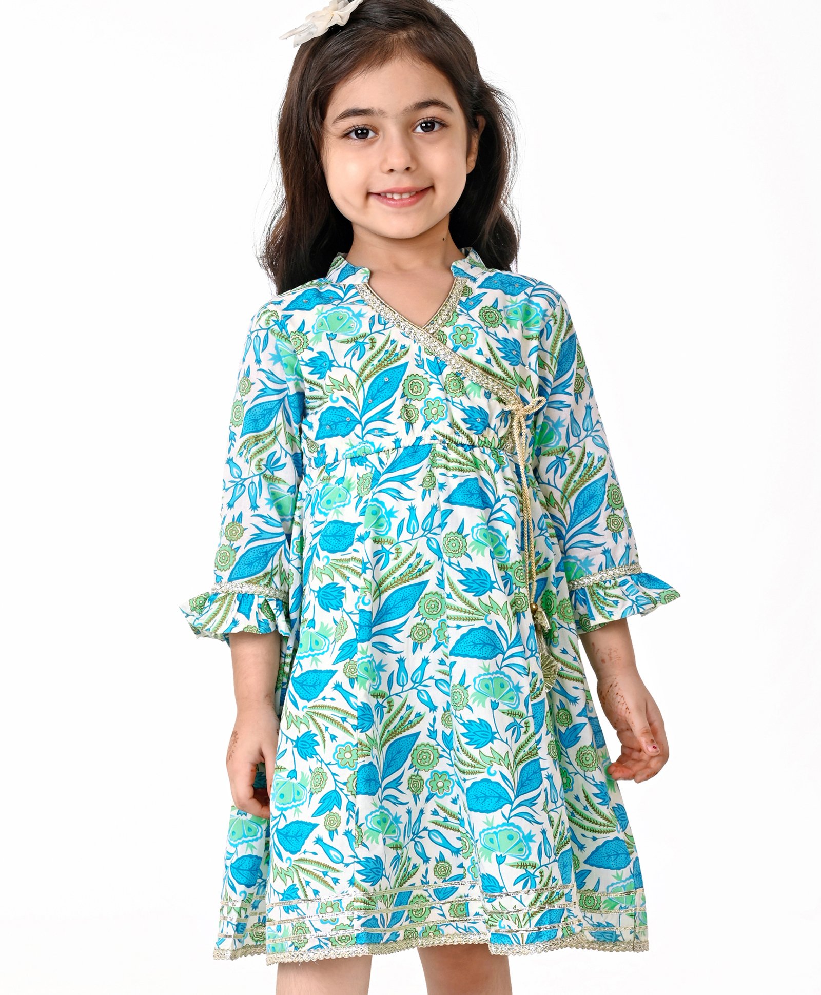 Babyhug Cotton Woven Cambric Three Fourth Sleeves Overlap Ethnic Dress with Floral Print & Tassle Detailing -  Blue-image-47