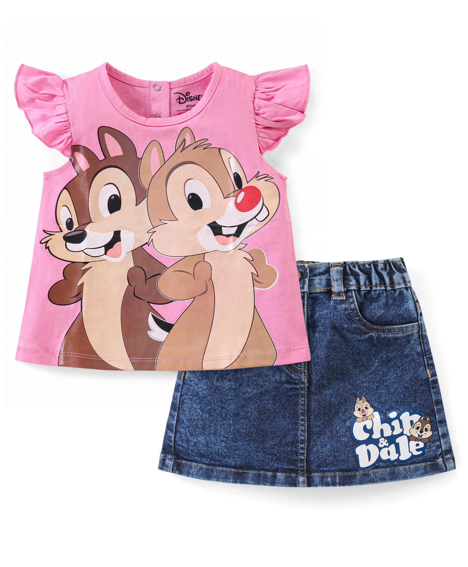 Babyhug Disney Cotton Knit Frill Sleeves Top & Skirt Set With Chip N Dale Graphics - Pink-picture-22