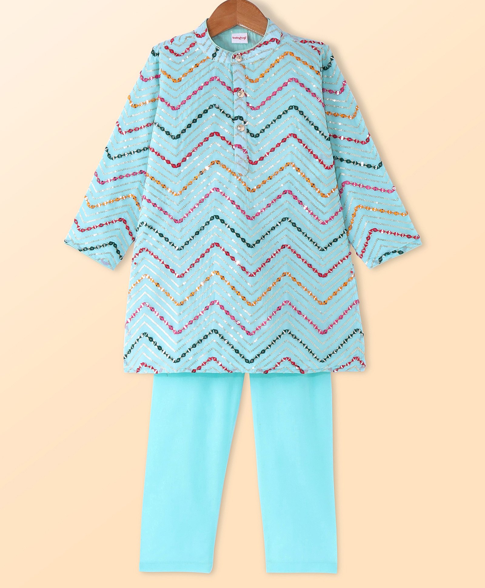 Babyhug Woven Full Sleeves Mirror Embroidered Kurta Pyjama Set with Sequins - Aqua-picture-25