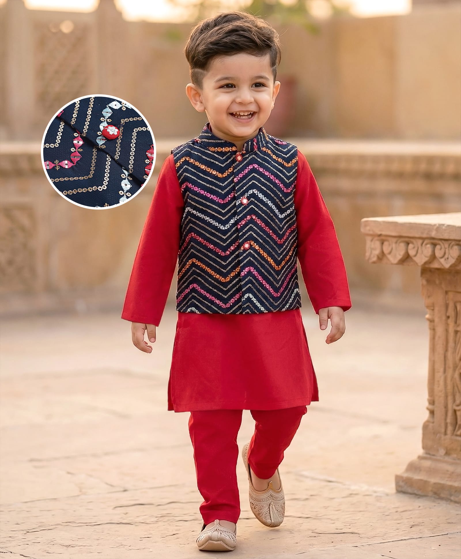 Babyhug Woven Full Sleeves Solid Colour Kurta Pyajama Set with Mirror & Sequined Embroidered Nehru Jacket - Red-picture-16