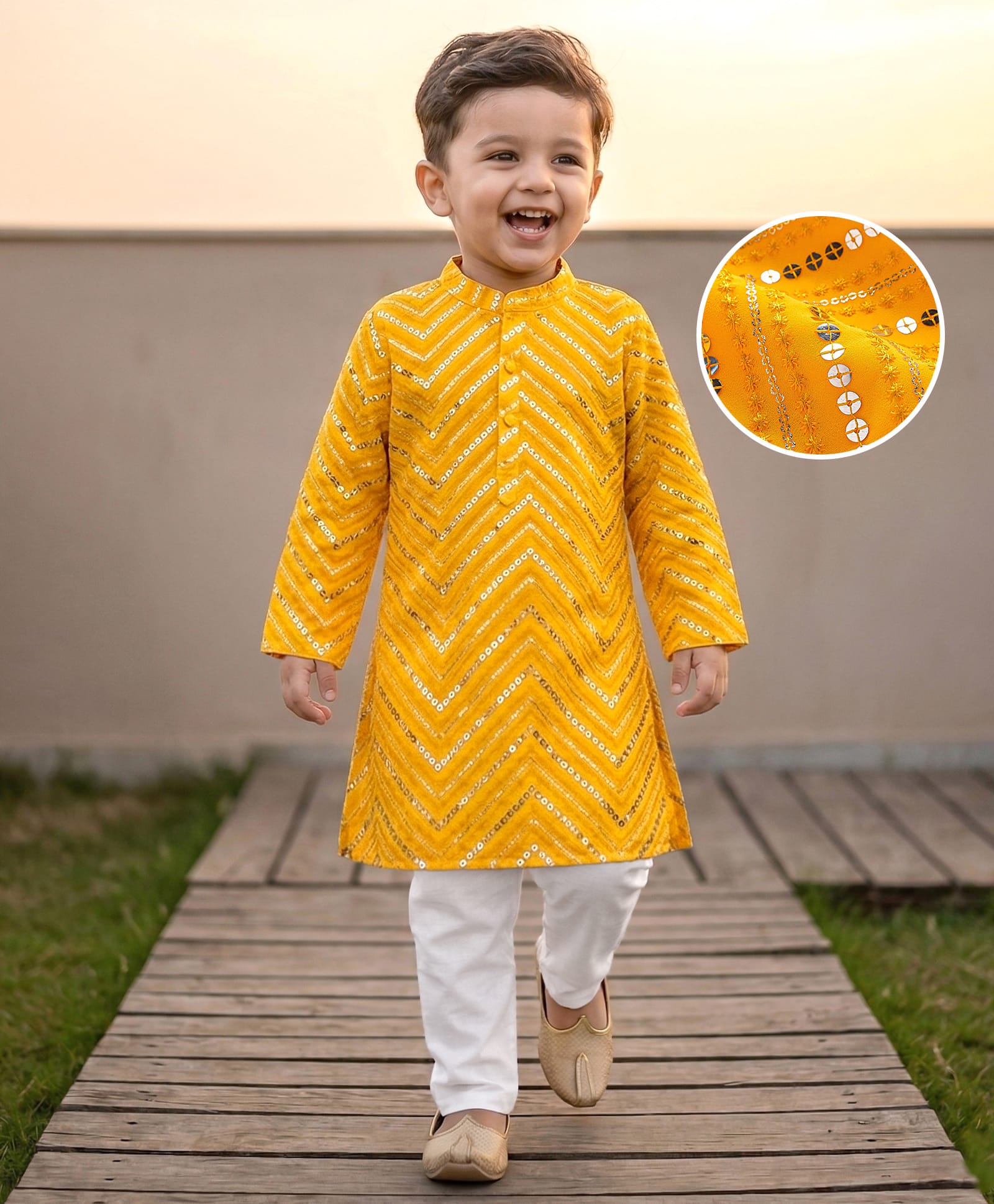 Babyhug Woven Full Sleeves Sequined Embroidered Kurta & Pyjama Set - Yellow-image-27