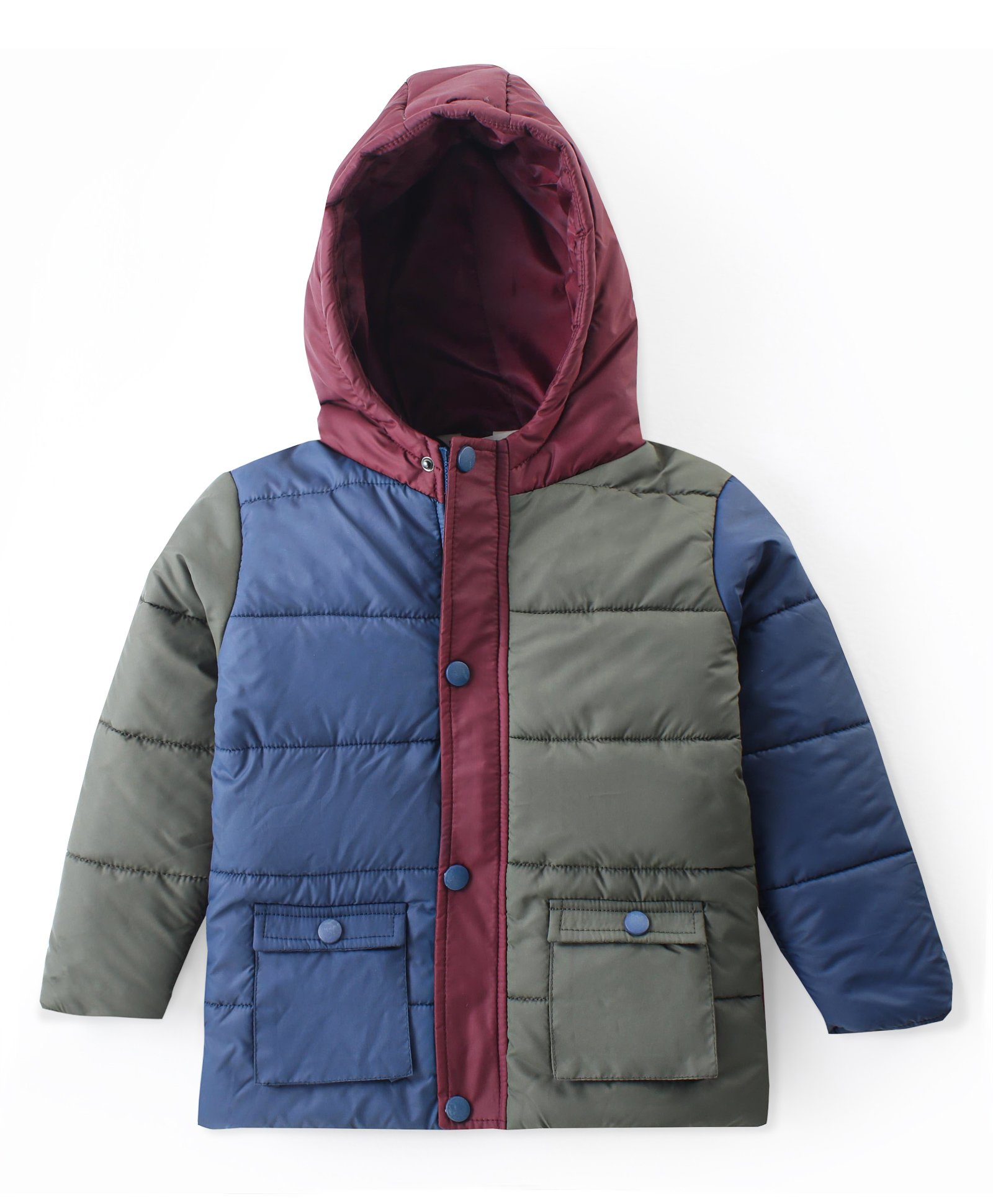 Bonfino Woven Full Sleeves Hooded Puffer Color Block Jackets With Pockets - Green Blue & Red-image-41