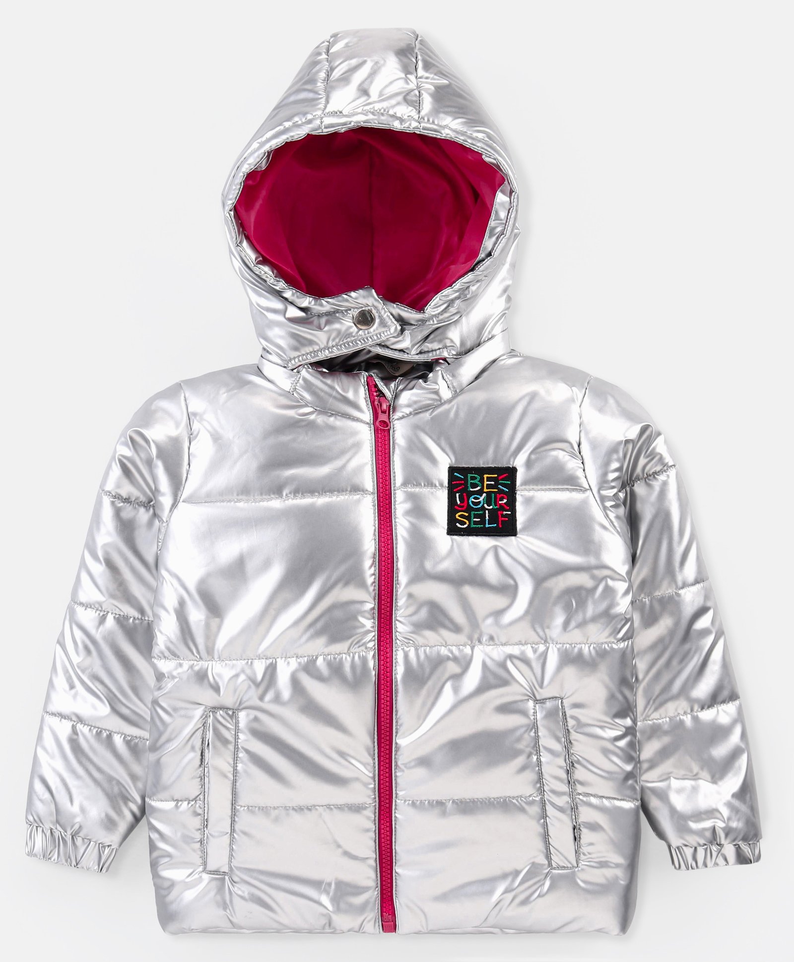 Bonfino Full Sleeve Hooded Puffer Jacket with Holographic Effect & Patch Detailing - Silver-image-27