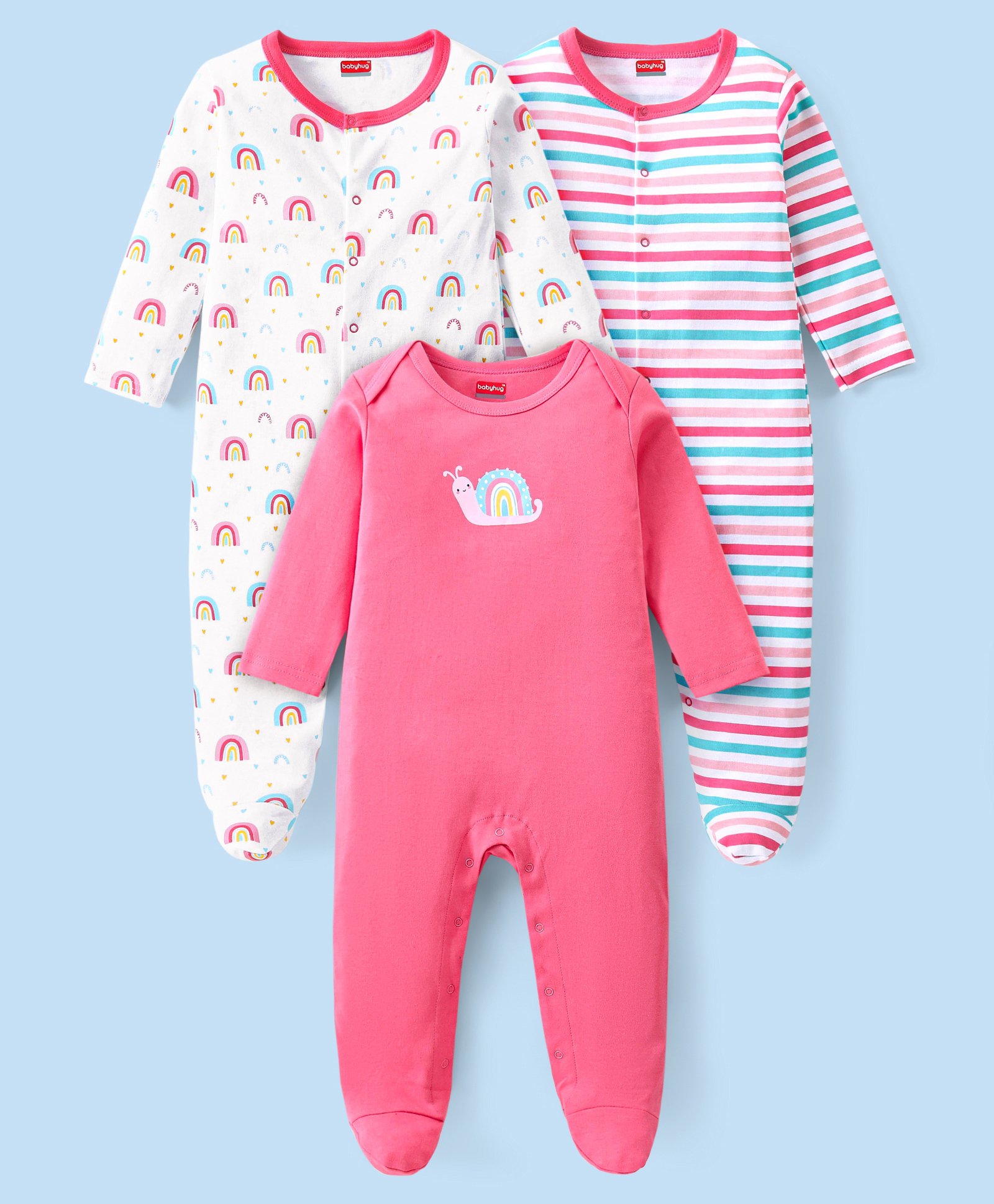 Babyhug Interlock Knit Full Sleeves Striped & Rainbow Printed Sleep Suits  Pack Of 3 - Pink & White-image-5