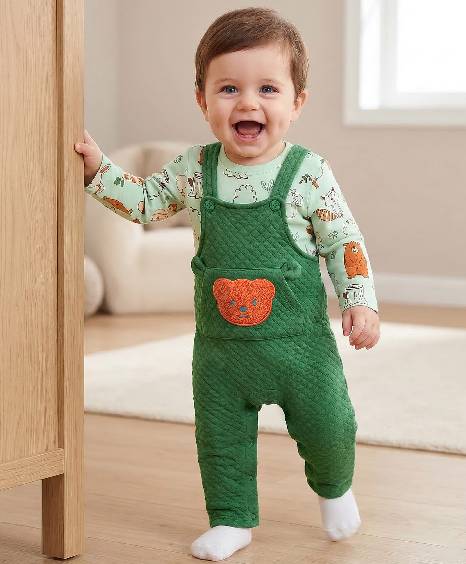 Babyoye 100% Cotton Quilted Full Sleeves T-Shirt & Dungaree Set Animal Print - Green-image-3