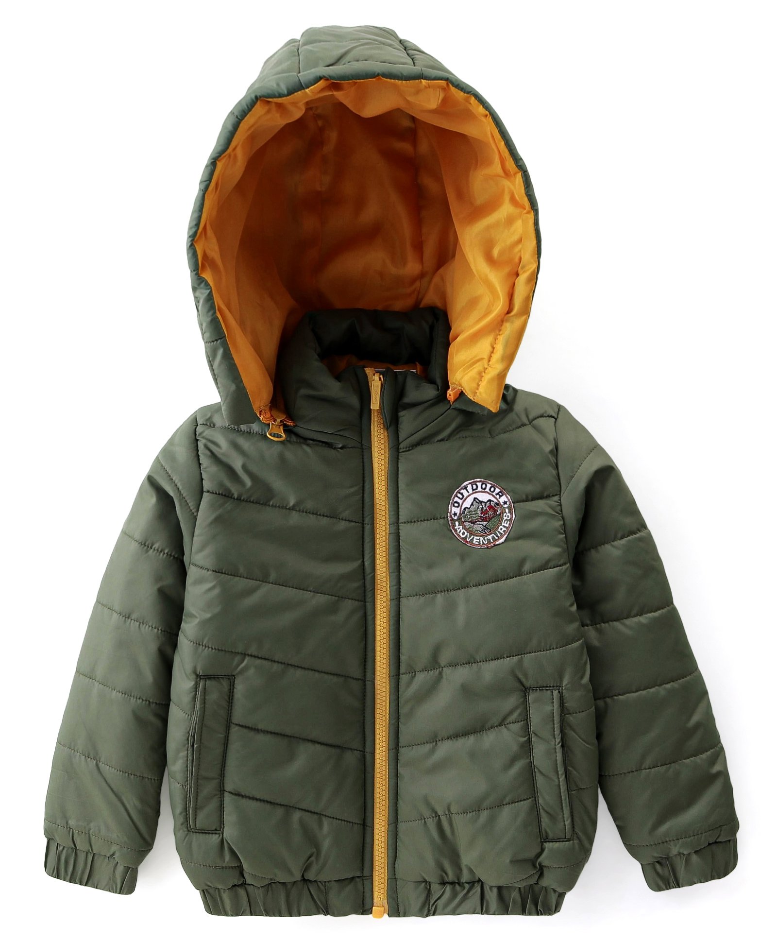 Babyhug Woven Full Sleeves Solid Color Padded Hooded Jacket- Olive Green & Mustard-image-12