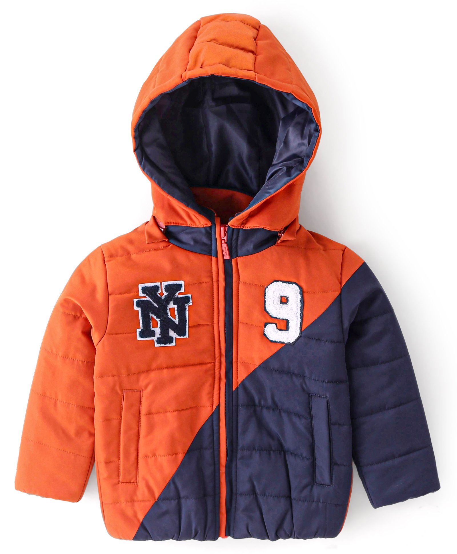 Babyhug Woven Full Sleeves Padded Quilted Jacket with Removable Hood & Colour Block Design - Blue & Orange-image-18