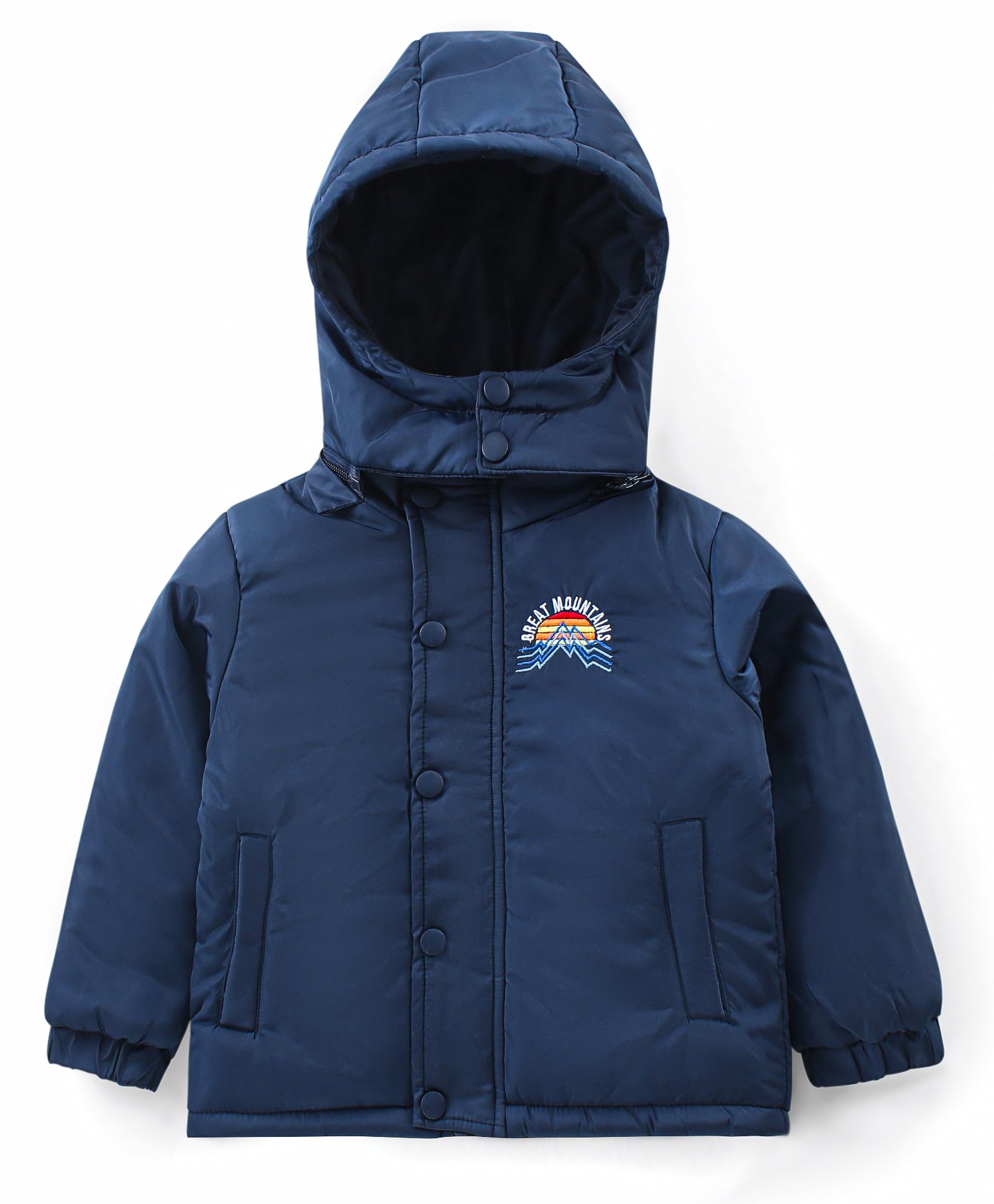 Babyhug Full Sleeves Front Open Padded Hooded Jacket with Detachable Hood & Embroidery Detailing - Navy Blue-image-22
