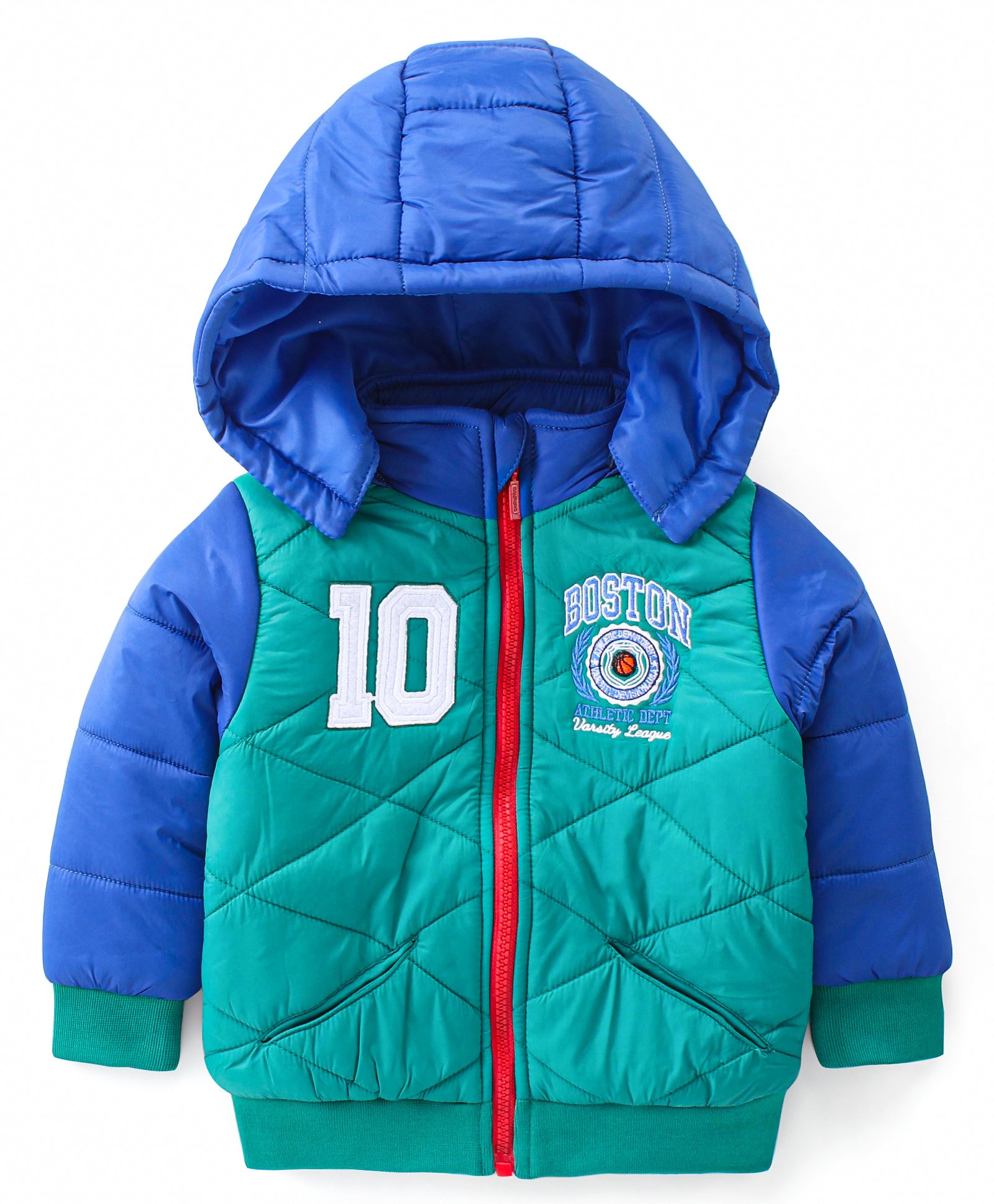 Babyhug Woven Full Sleeves Padded Hooded Jacket with Quilted Design & Placement Embroidery - Green & Blue-picture-32