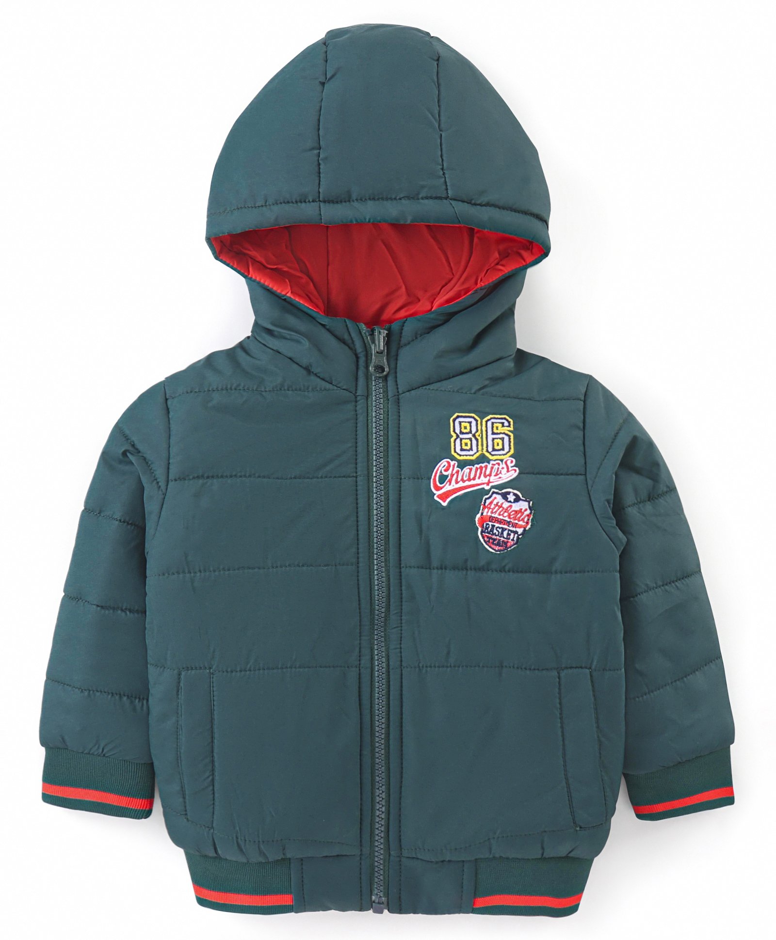 Babyhug Woven Full Sleeves Padded Hooded Jacket With Text Patch Detailing - Dark Green-image-29