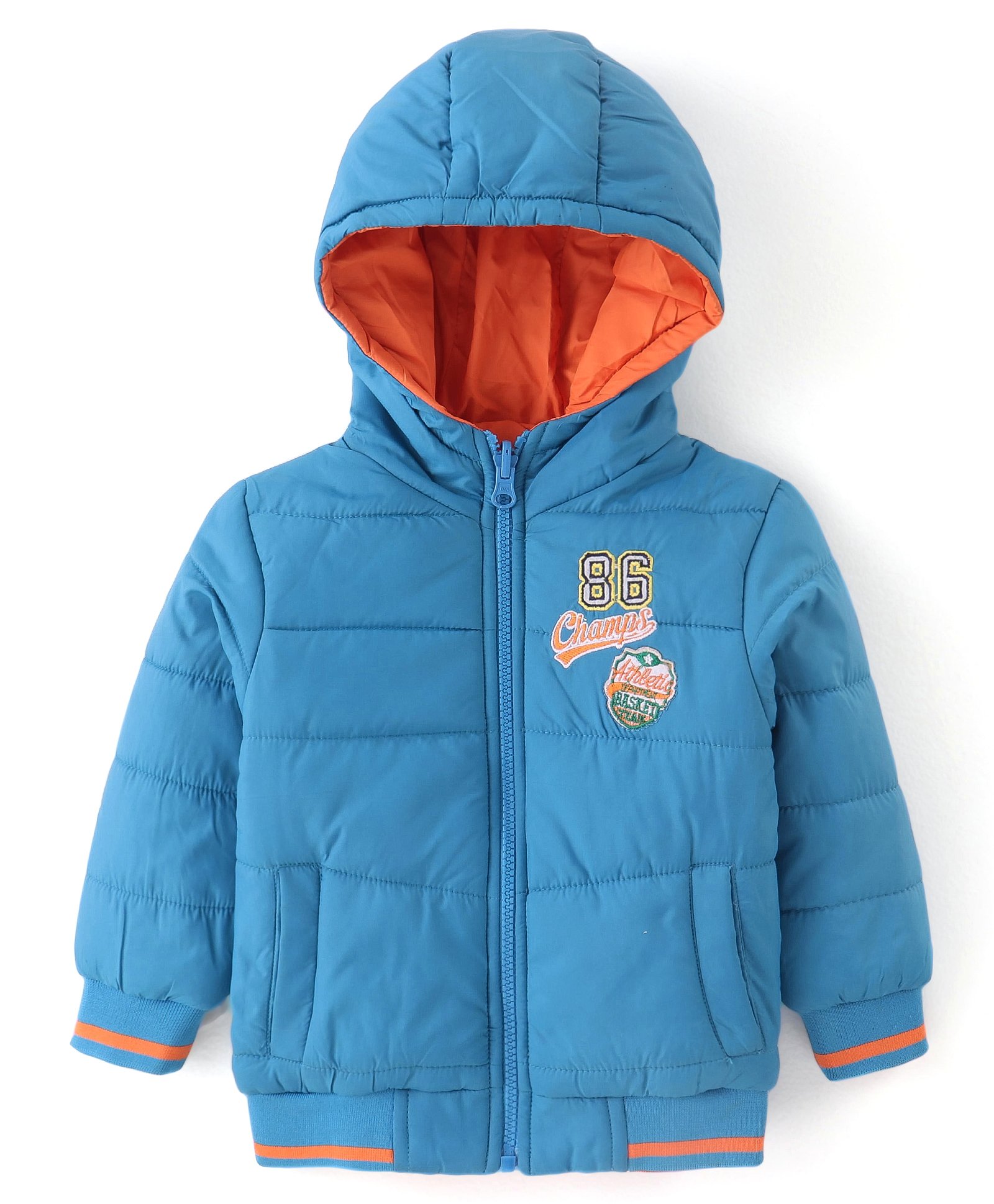Babyhug Woven Full Sleeves Hooded Padded Jacket with Text Embroidery - Blue & Orange-image-33