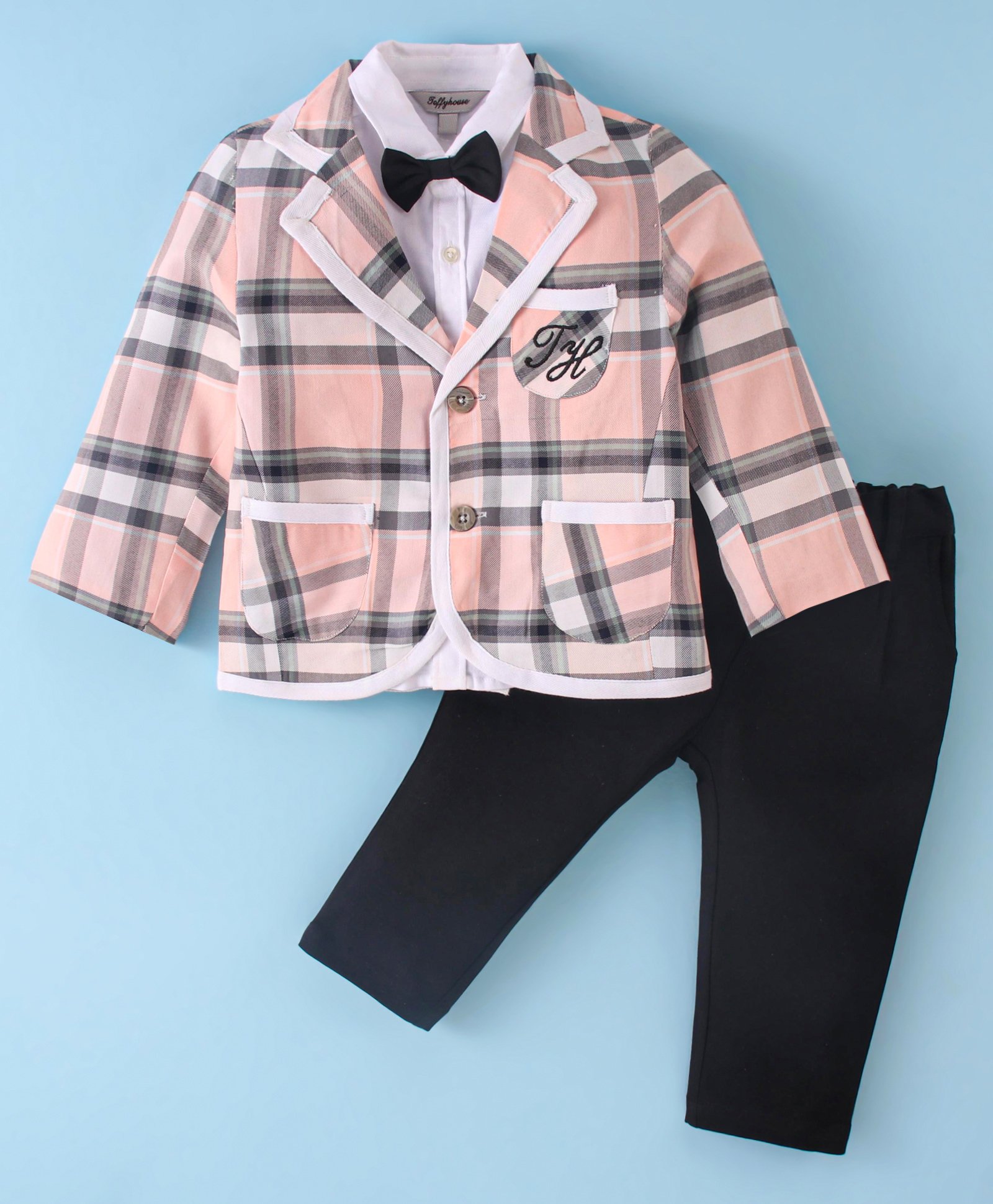 ToffyHouse Cotton Woven Full Sleeves Solid Color Shirt & Trouser Set with Checked Blazer & Bow - Peach-picture-10