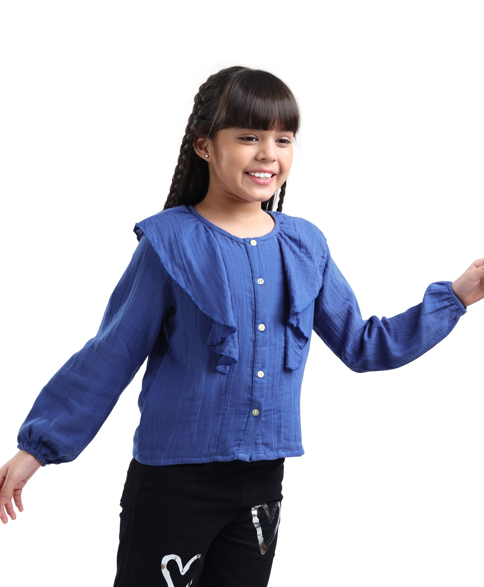 arias by lara dutta Arias Cotton Woven Full Sleeves Solid Colour Top with Frill Detailing - Navy Blue-picture-16