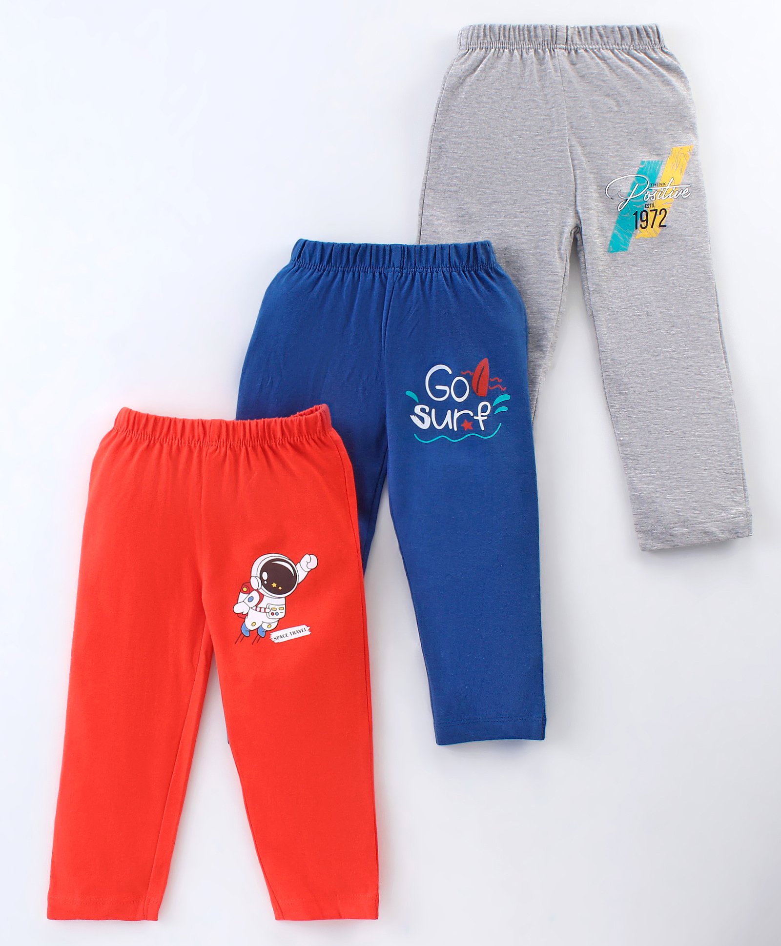 OHMS Single Jersey Knit Full Length Lounge Pants With Beach & Space Theme Print Pack Of 3 - Grey Red & Blue-image-43
