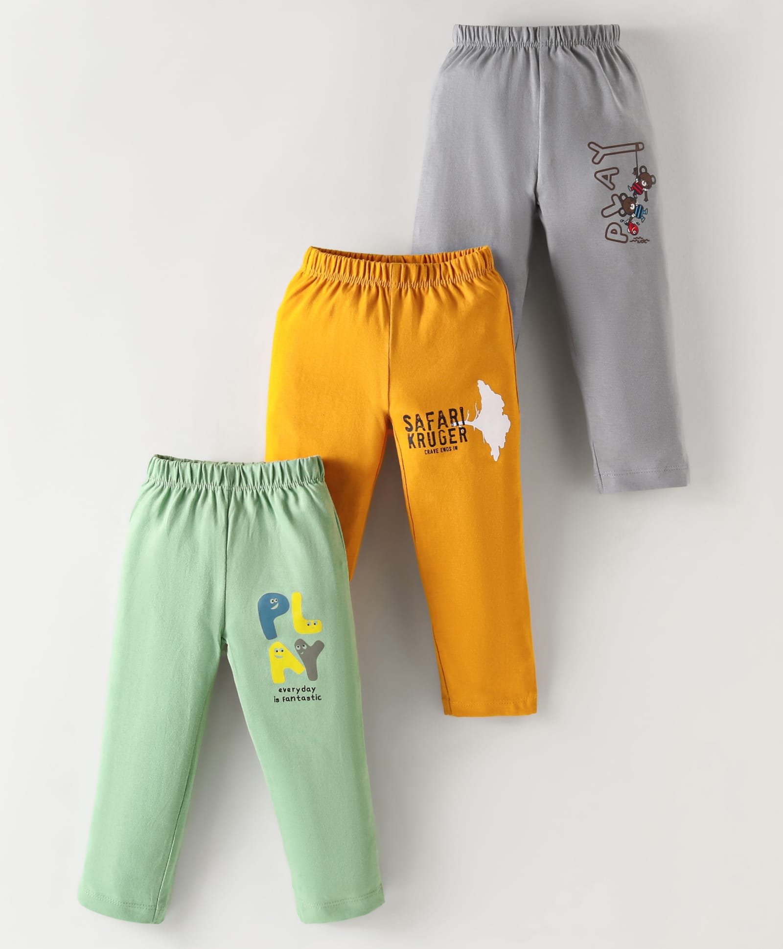 OHMS Single Jersey Knit Full Length Text Printed Lounge Pants Pack of 3 - Light Green Yellow & Grey-image-44