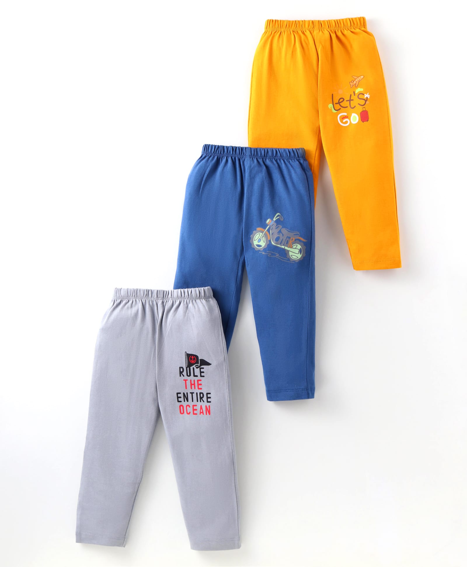 OHMS Single Jersey Full Length Lounge Pants with Text Print Pack of 3 - Blue Yellow & Grey-image-21