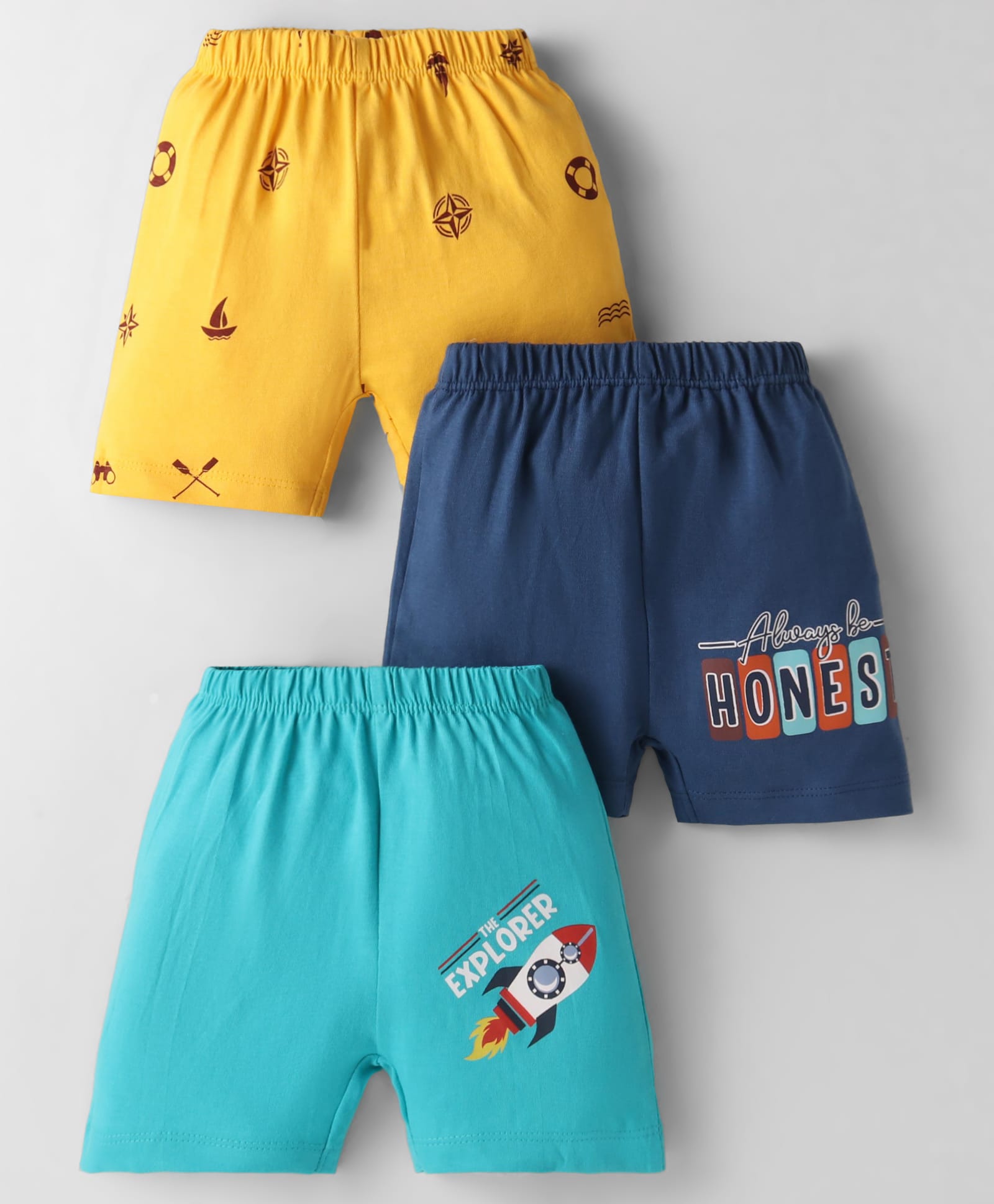 OHMS Single Jersey Knit Above Knee Length Shorts with Text Print Pack of 3 - Navy Blue Yellow & Blue-picture-18