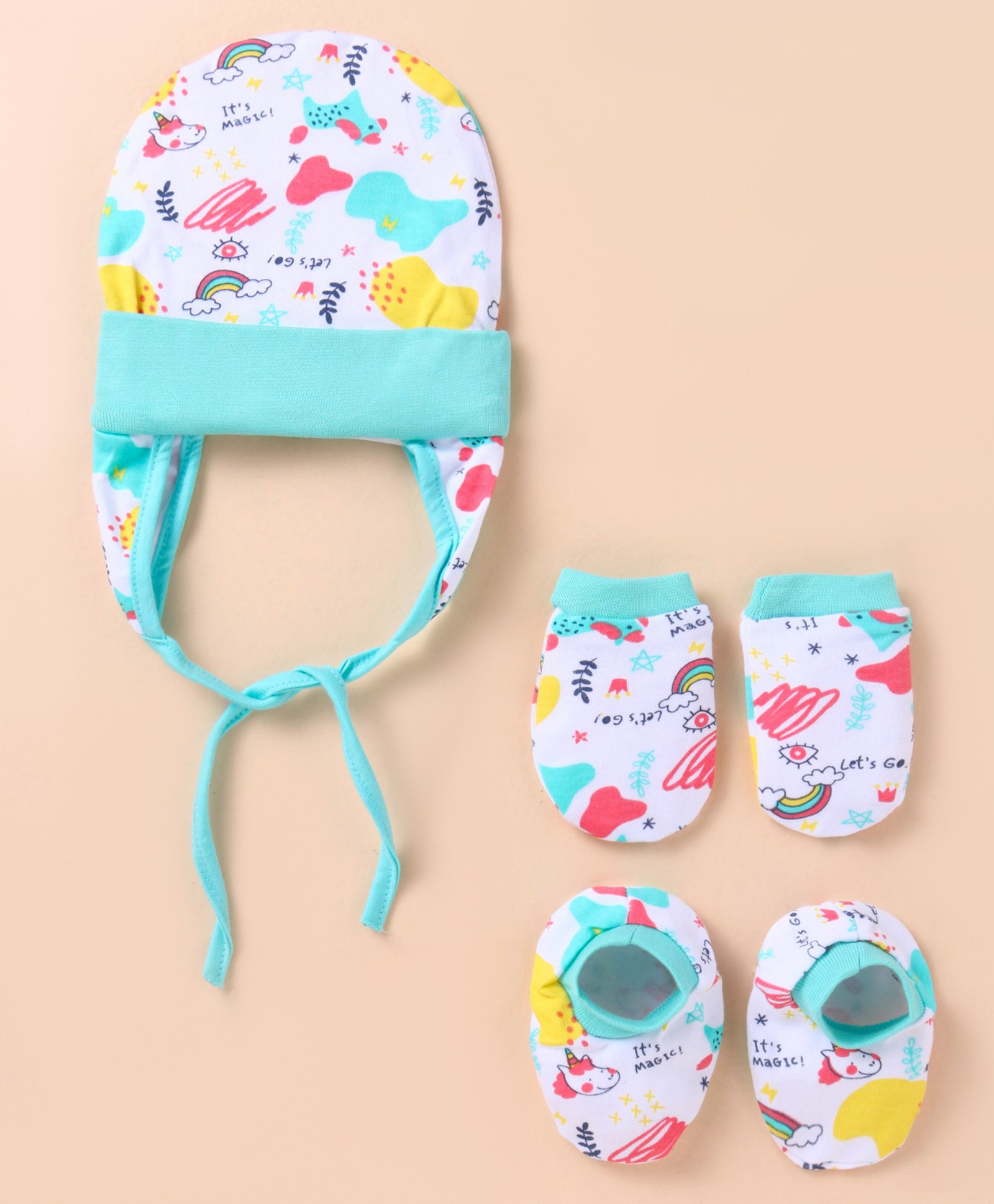 OHMS Single Jersey Knit Cap Mitten & Booties Rainbow Print Light Blue - Diameter 11 cm-image-37