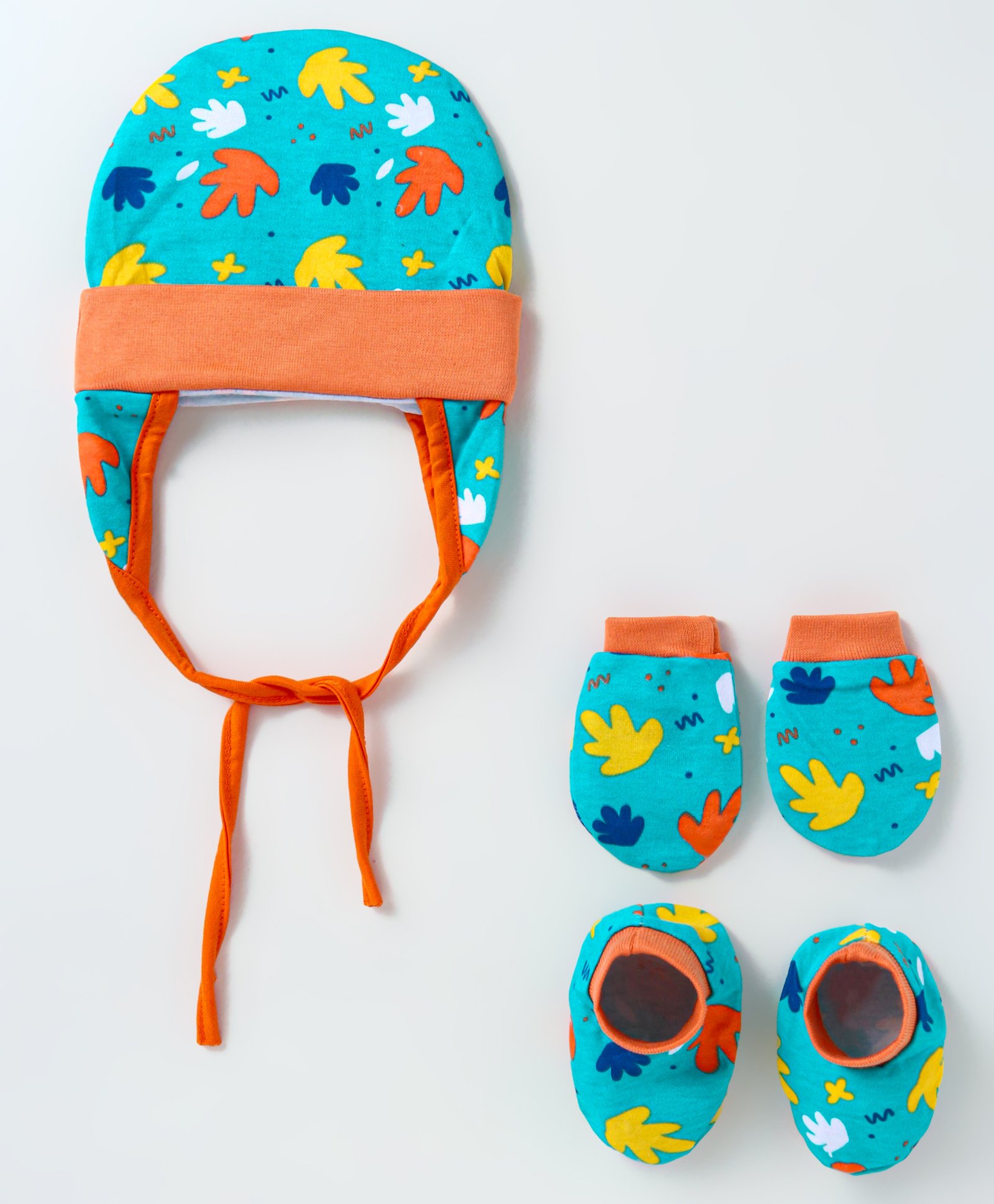 OHMS Single Jersey Knit Cap Mittens & Booties With Leaf print Orange & Green - Diameter 11 cm-image-33