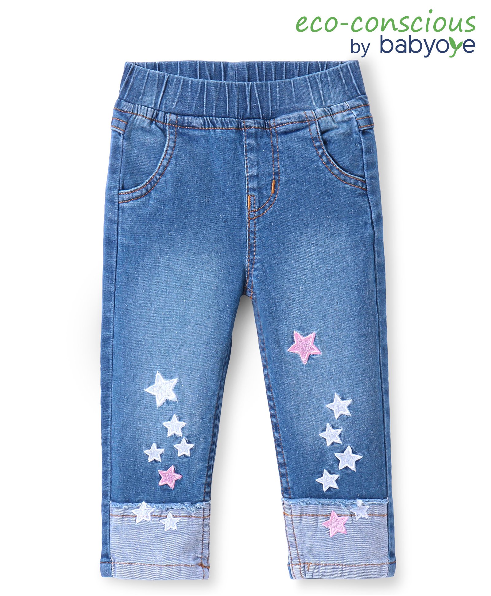 Babyoye Cotton Woven Jeans With Solid Colour & Star Embroidery - Blue-image-2