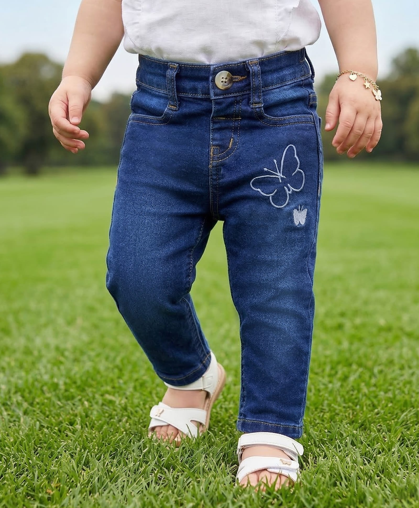 Babyoye Cotton Woven Jeans With Solid Colour & Butterfly Embroidery - Navy Blue-image-48